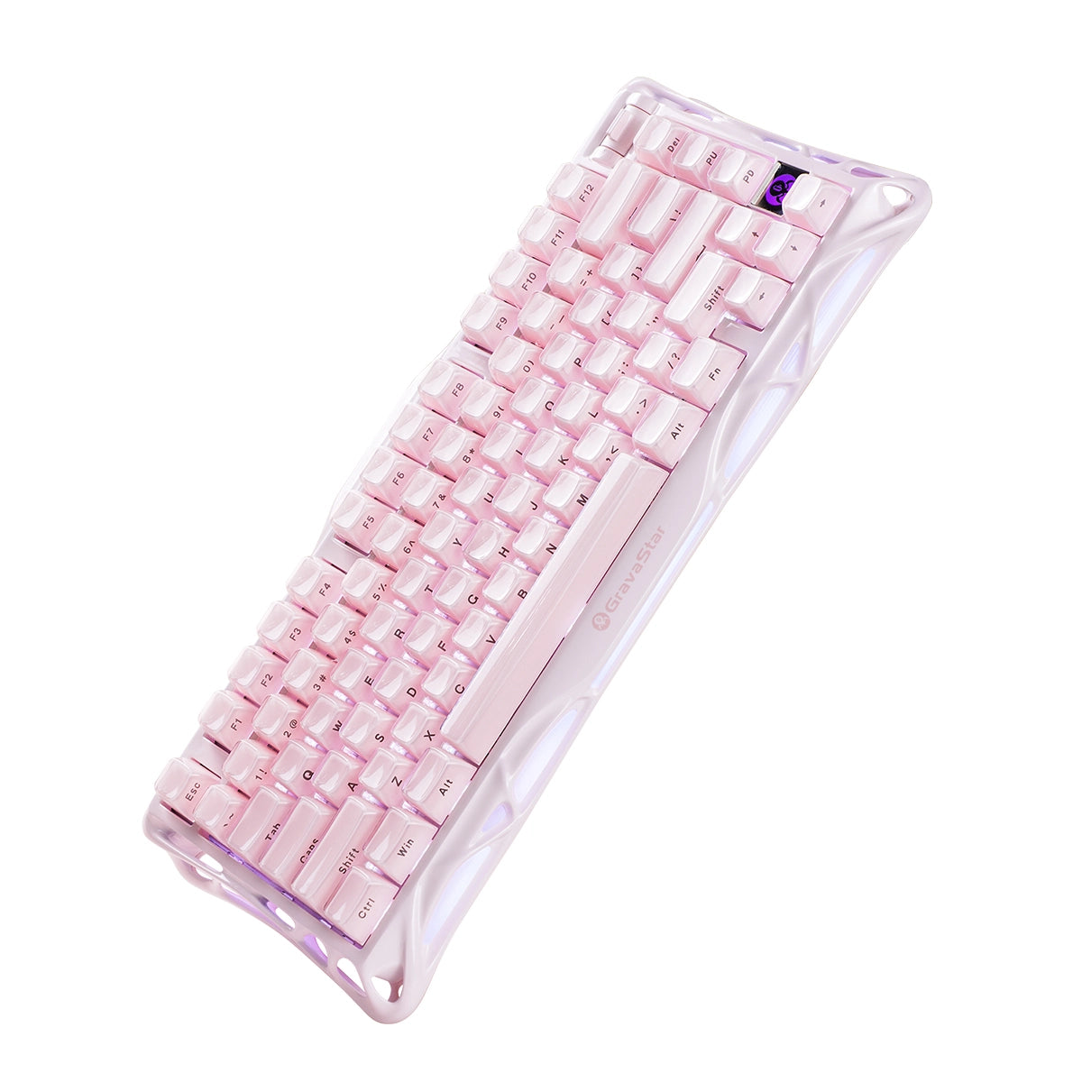GravaStar Pro Gaming Set Sakura Pink studio bundle overview featuring Mercury K1 Special Edition 75% wireless mechanical keyboard, Mercury M1 Pro 88g magnesium mouse, and Sakura Pink Gaming Mouse Pad, perfect paired with Supernova Pink speaker.
