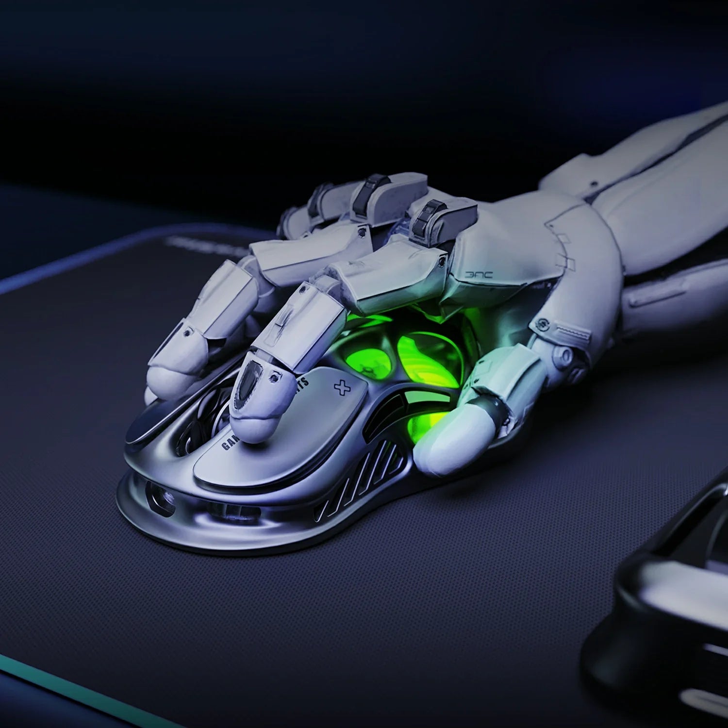 GravaStar Mercury M1 Pro Wireless Gaming Mouse Gunmetal Gray front-right perspective view featuring magnesium alloy skeletal frame, M1 logo on right button, ambidextrous ergonomic design, and green RGB backlighting.