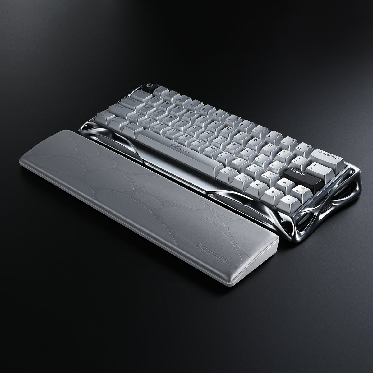 GravaStar 60% Keyboard Wrist Rest Pad Silver studio 3d diagonal perspective view showing ergonomic PU leather surface with embossed logo perfectly aligned with Mercury V60 Pro keyboard.