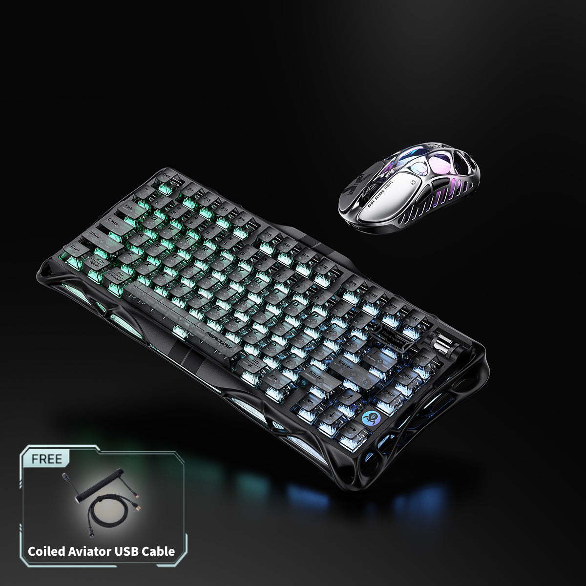 GravaStar 8000Hz Ultra-Fast Hall Effect Gaming Set Stealth Black studio bundle perspective view showing Mercury V75 HE magnetic keyboard with Gateron Magnetic Jade Pro switches, Mercury X Pro 8KHz magnesium mouse, and FREE Coiled Aviator USB Cable tag, perfect paired with Mars Pro Black speaker.