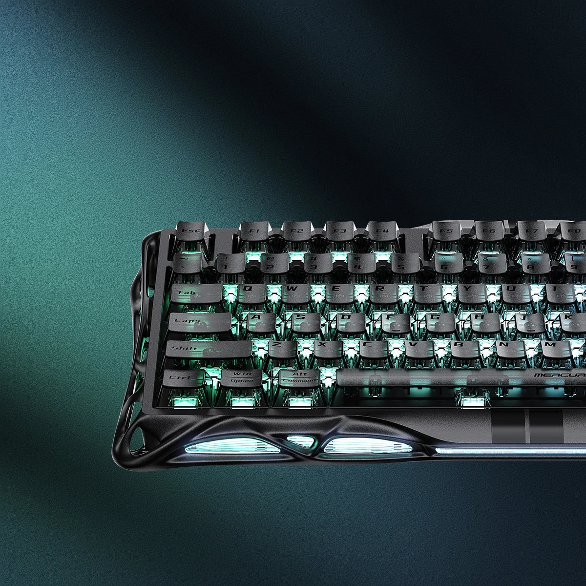 GravaStar 8000Hz Ultra-Fast Hall Effect Gaming Set Stealth Black Mercury V75 HE magnetic keyboard top-down view showing hot-swappable Gateron Magnetic Jade Pro switches, matte stealth black semi-aluminum skeleton frame, and RGB lighting, perfect paired with Mercury X Pro mouse and Mars Pro Black speaker.