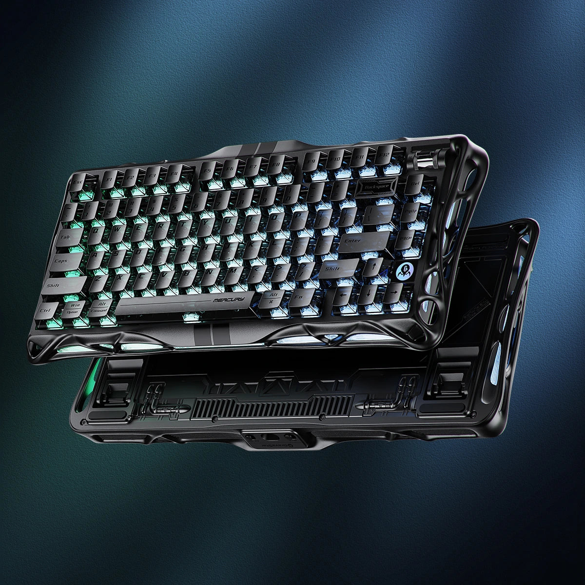 GravaStar 8000Hz Ultra-Fast Hall Effect Gaming Set Stealth Black Mercury V75 HE magnetic keyboard skeletal chassis view featuring matte stealth black semi-aluminum skeleton frame, Gateron Magnetic Jade Pro switches, and 8kHz polling rate, perfect paired with Mercury X Pro mouse and Mars Pro Black speaker.