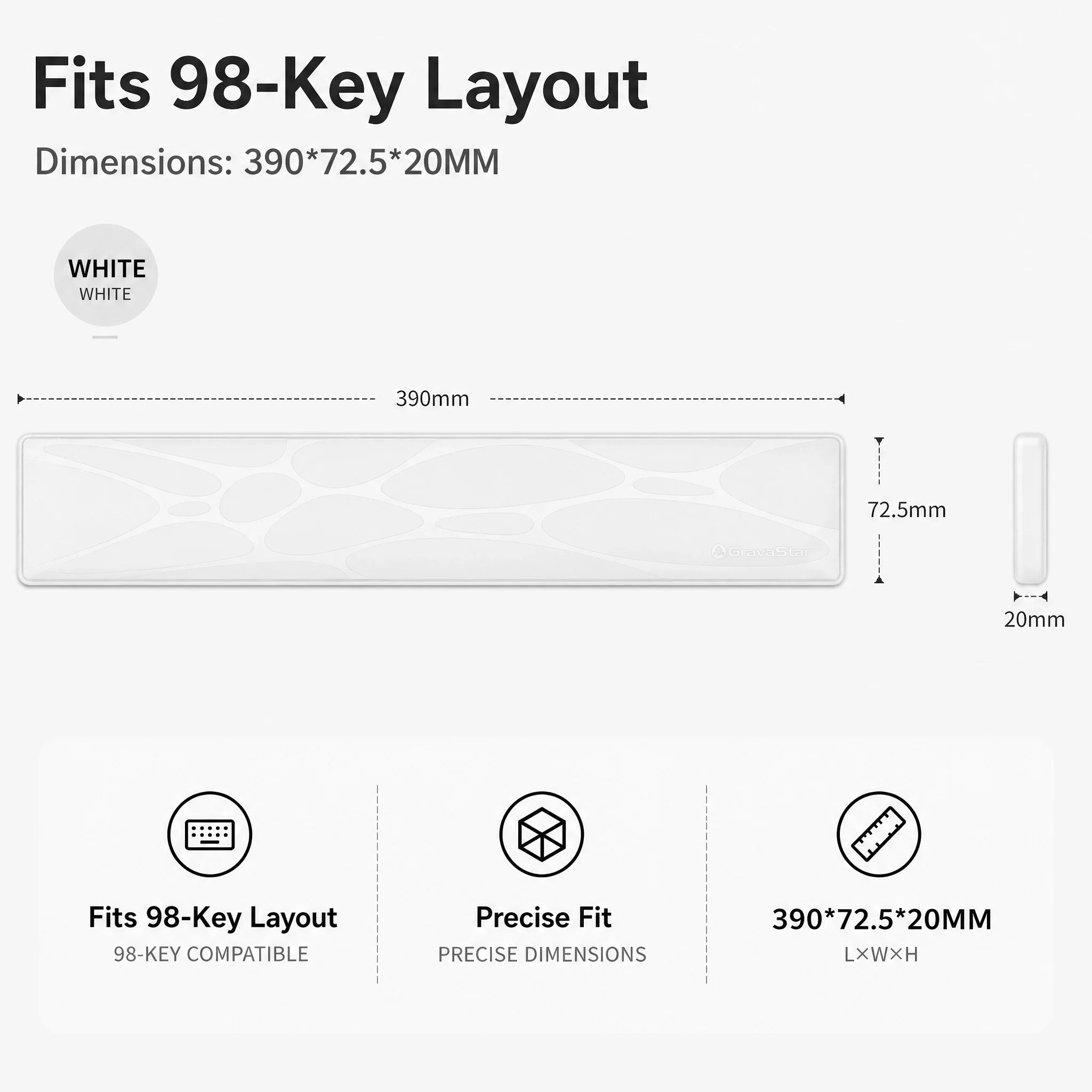 GravaStar 98% Keyboard Wrist Rest Pad White studio dimensions and 98-key compatibility diagram view showing 390x72.5x20mm precise measurements, ergonomic wrist alignment support, non-slip ABS base, and PU leather surface, perfect paired with Mercury K98 Pro Silver Mist keyboard and Mercury M1 Pro Silver Mist gaming mouse.