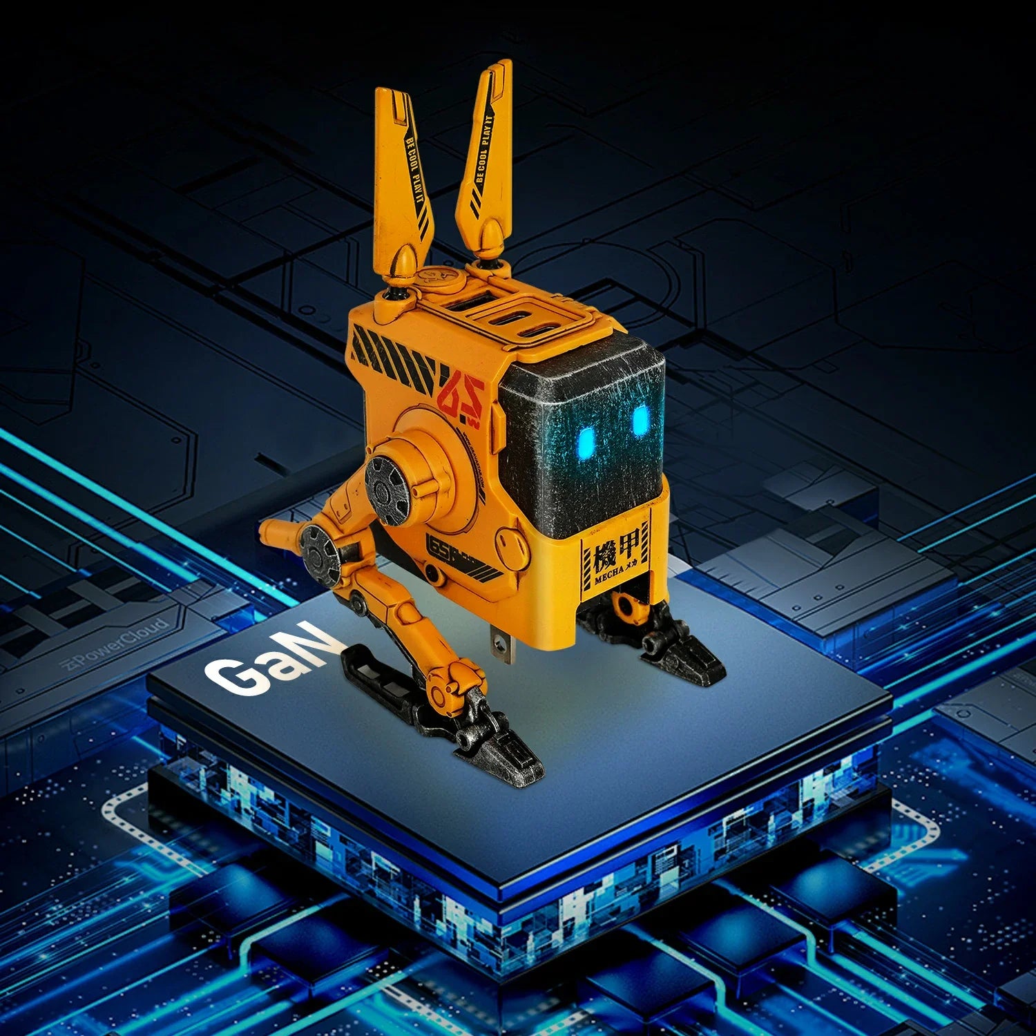 GravaStar Alpha65 GaN 65W Wall Charger War-Damaged Yellow standing on futuristic GaN circuit board platform showing handcrafted weathered yellow body, MECHA logo, transformable tripod stand, dual antennas, and ice blue RGB eyes.