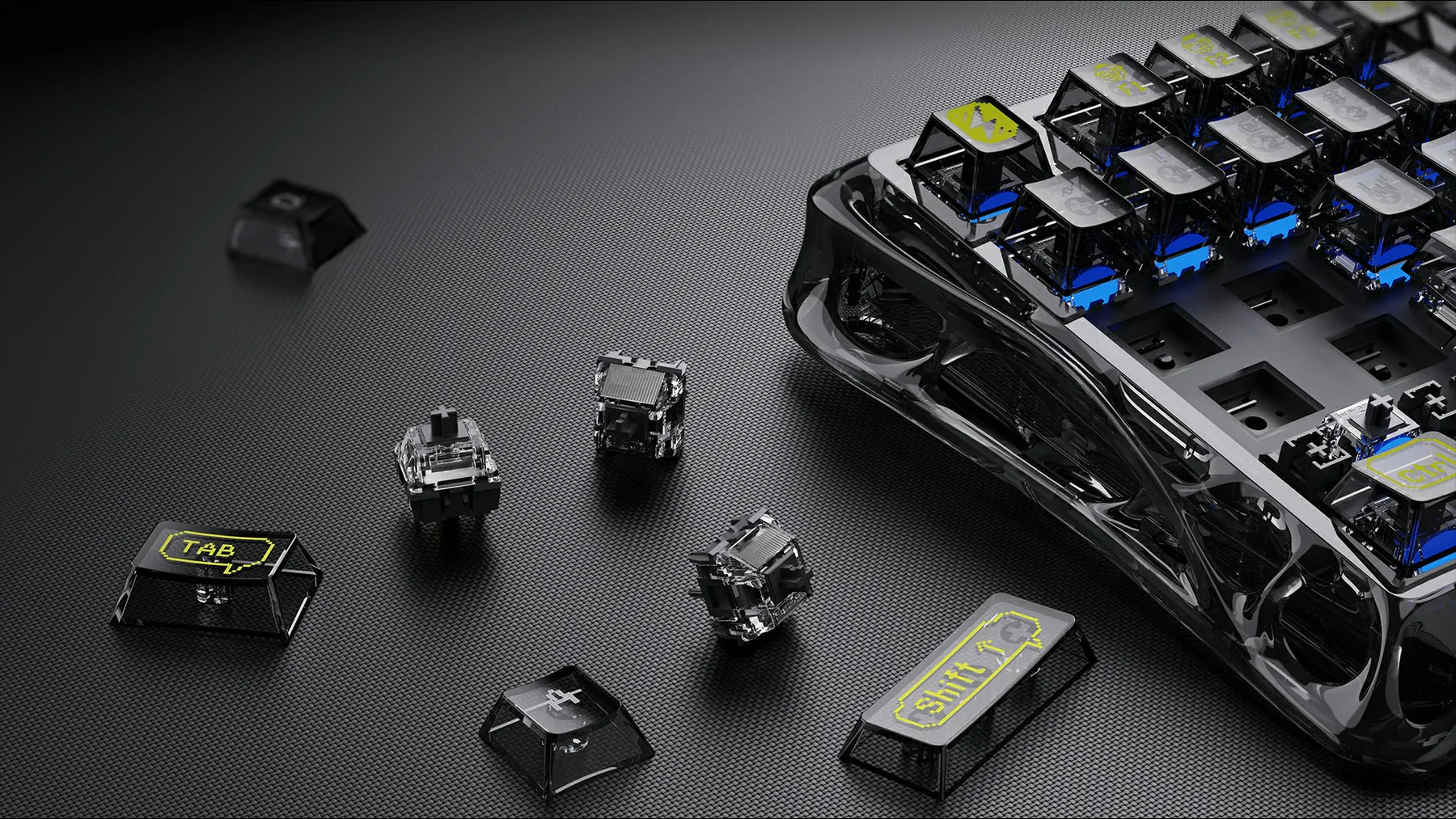 GravaStar Core Flex Gaming Set Transparent Black Mercury K1 Lite 75% wireless mechanical gaming keyboard macro view featuring hot-swappable linear switches and translucent PC keycaps.