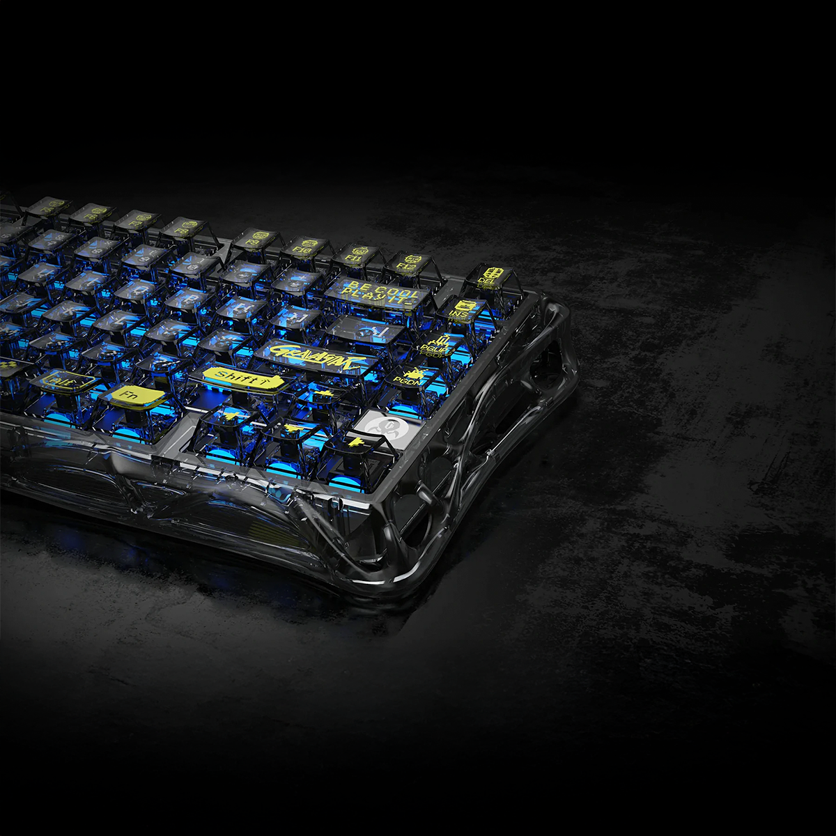 GravaStar Core Flex Gaming Set Transparent Black Mercury K1 Lite 75% wireless mechanical gaming keyboard top-down view displaying transparent black PC crystal chassis and translucent keycaps with RGB lighting.
