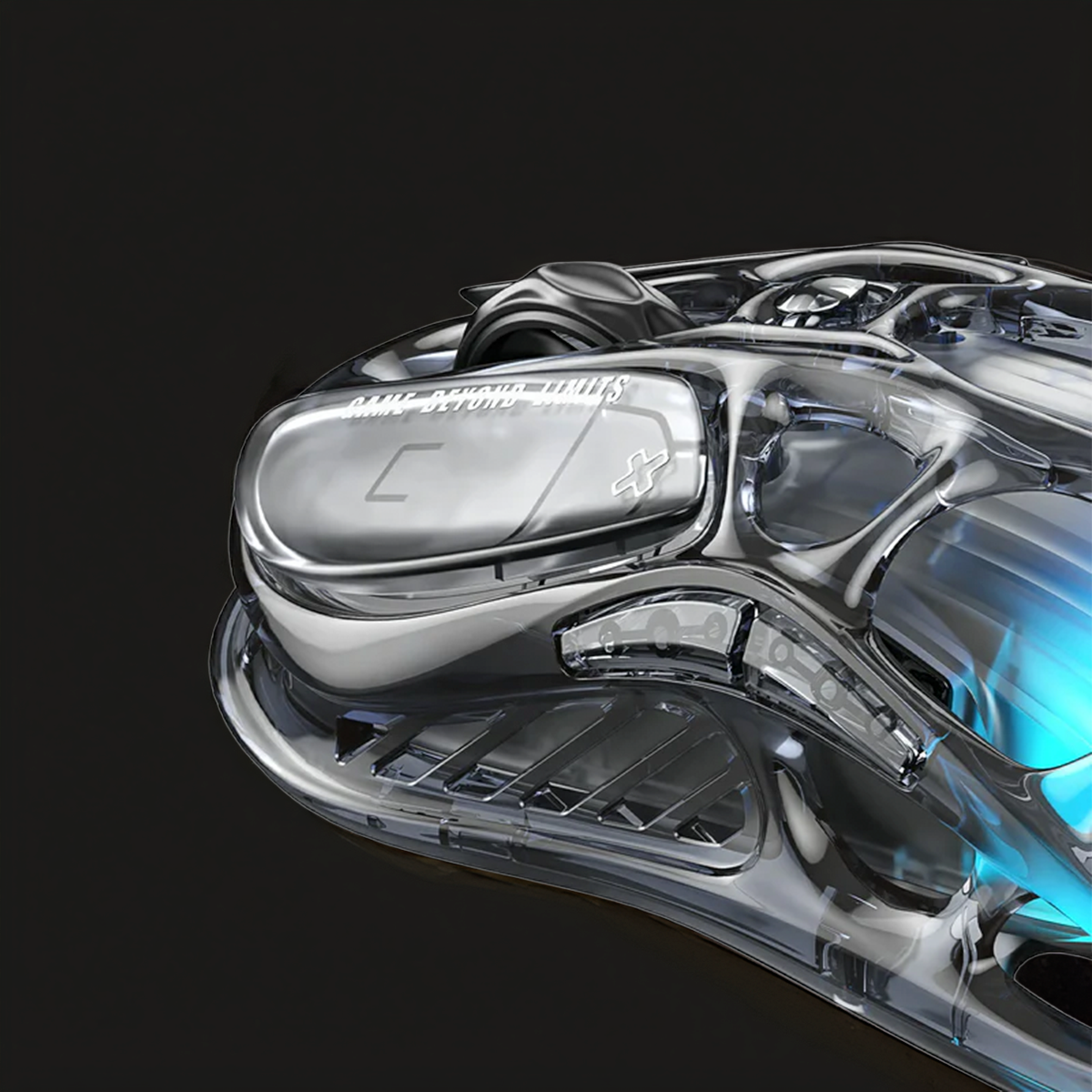 GravaStar Core Flex Gaming Set Transparent Black Mercury M2 gaming mouse macro view featuring scroll wheel, skeletal mecha frame, Game Beyond Limits banner, and GLOWSYNC blue lighting.