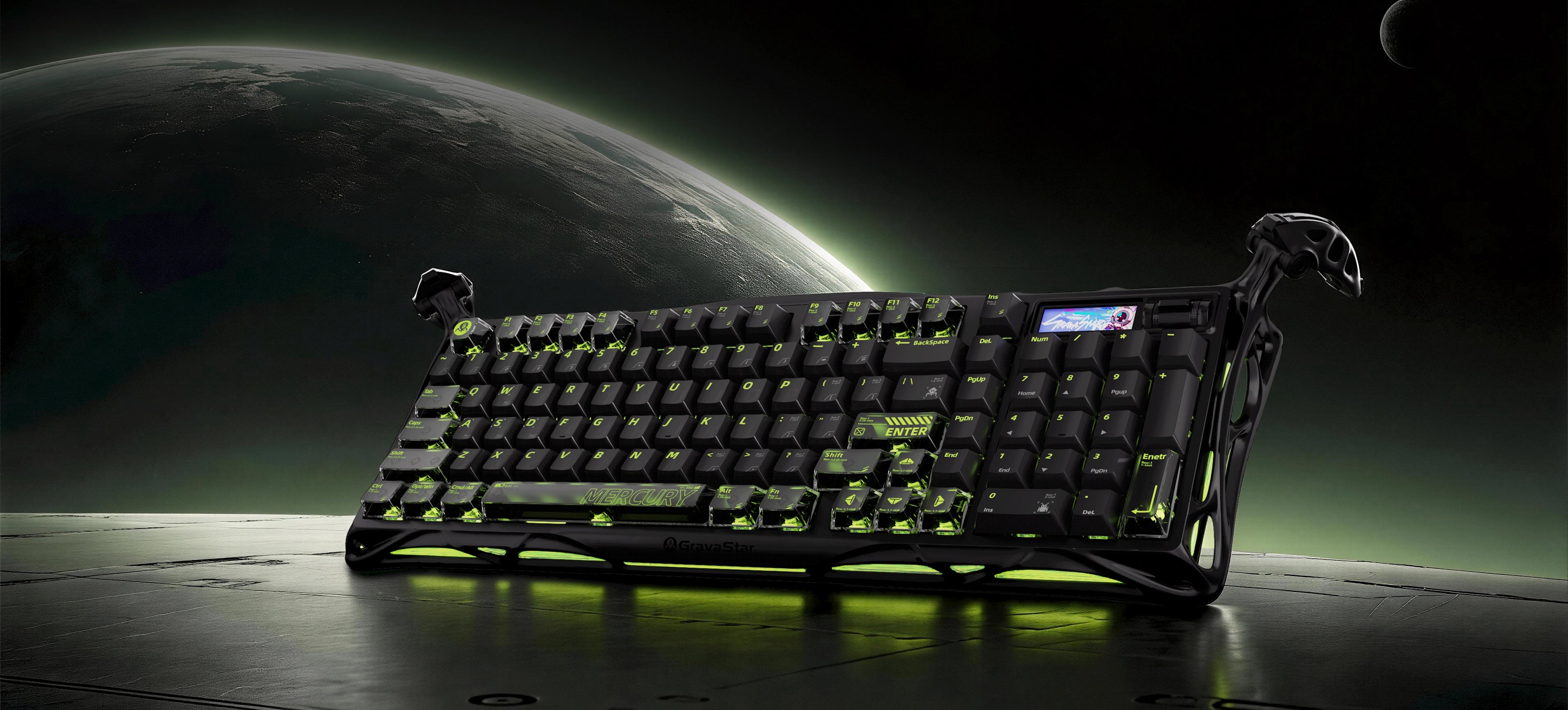 GravaStar K98 Pro & X Pro 8000Hz Gaming Set Phantom Black Mercury K98 Pro 8KHz mechanical gaming keyboard view on sci-fi lunar surface featuring glossy aluminum exoskeleton, 1.65 inch TFT color display, and green RGB lighting.