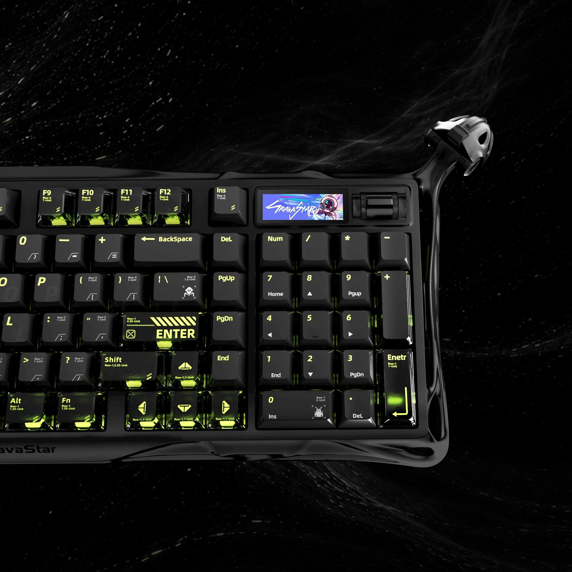 GravaStar K98 Pro and X Pro 8000Hz Gaming Set Mercury K98 Pro mechanical keyboard close-up view showcasing 1.65" TFT smart color display, aluminum control knob, and green RGB backlighting.