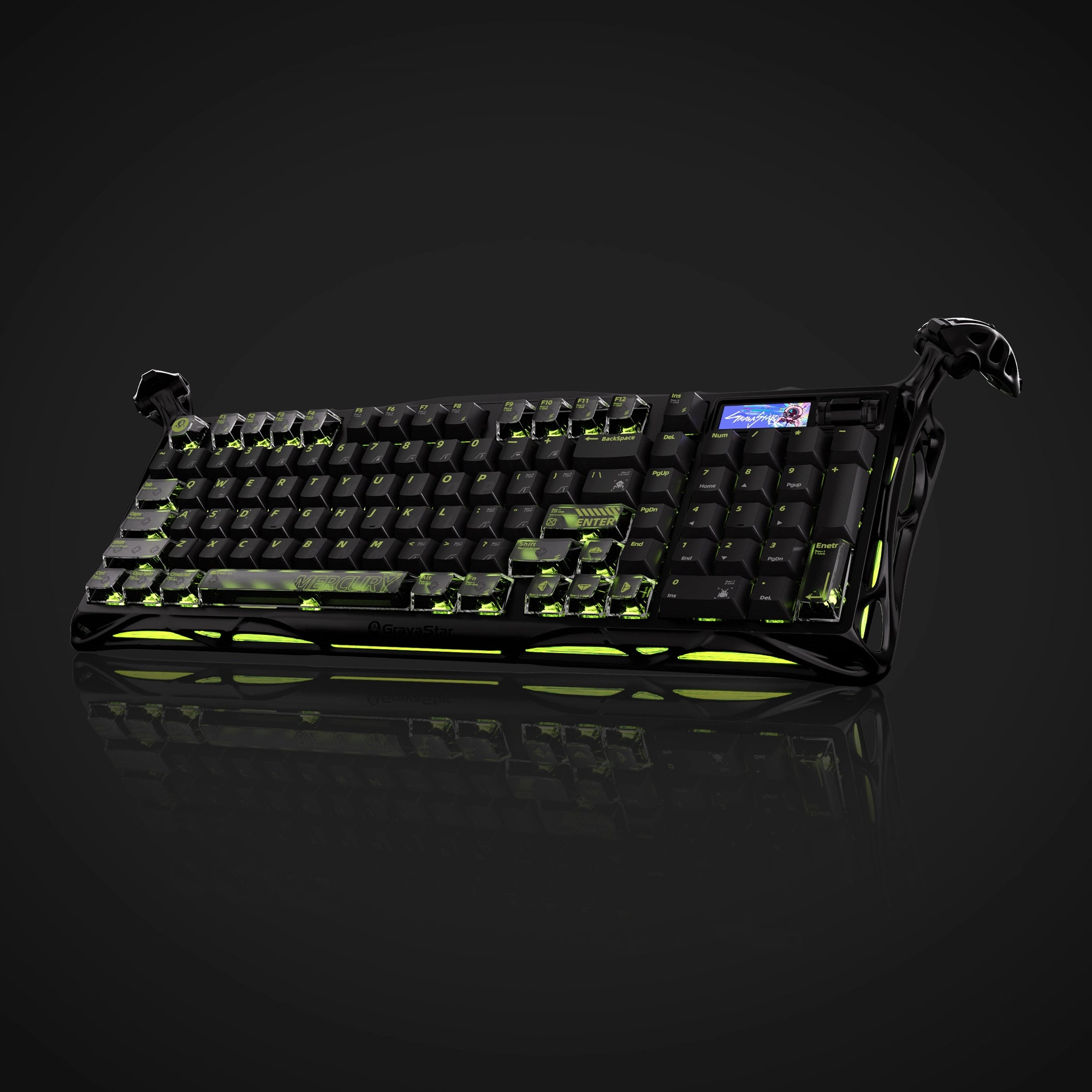 GravaStar K98 Pro and X Pro 8000Hz Gaming Set Mercury K98 Pro mechanical gaming keyboard studio front-angled view showing glossy aluminum alloy exoskeleton, 1.65" TFT display, and green RGB lighting.