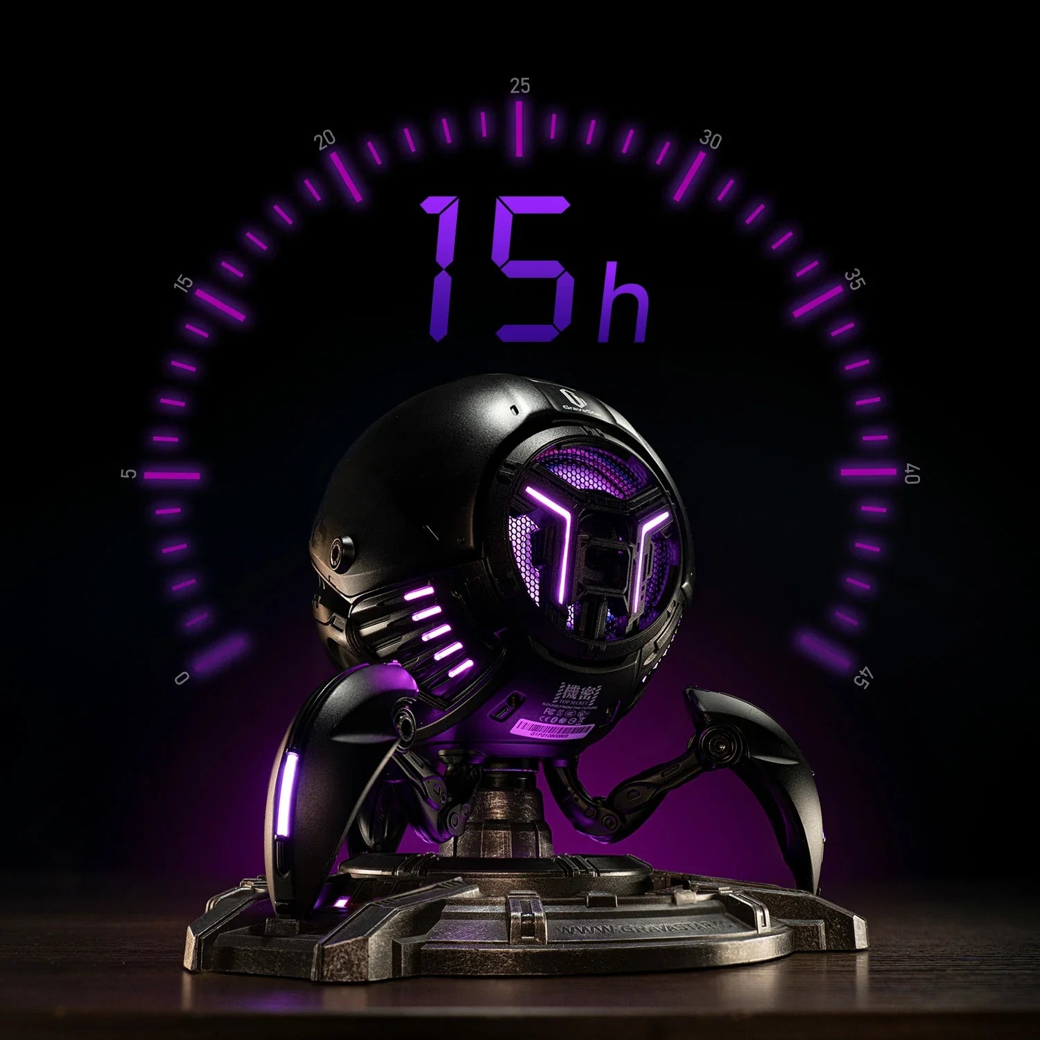 GravaStar Mars Pro Black Bluetooth speaker 15-hour battery life infographic featuring matte black zinc alloy shell, shock-absorbing tripod legs, 20-watt dual speaker system with passive bass radiator, and purple RGB lighting effect on charging base.