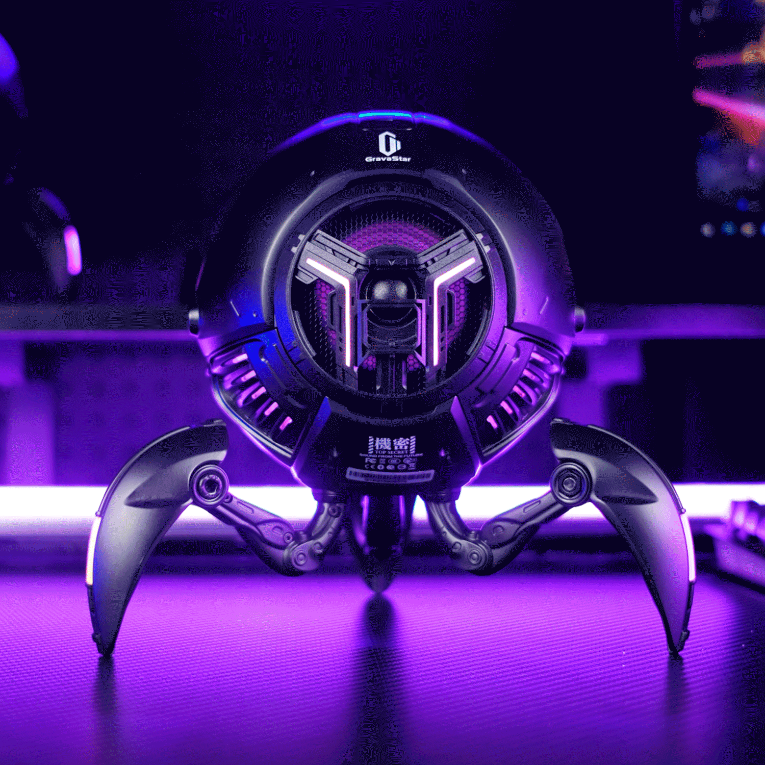 GravaStar Mars Pro Black Bluetooth speaker animated GIF demonstrating 6 dynamic RGB lighting modes including static, pulsing, and music sync effects, powered by matte black zinc alloy shell, 20-watt dual speaker system, and passive bass radiator.
