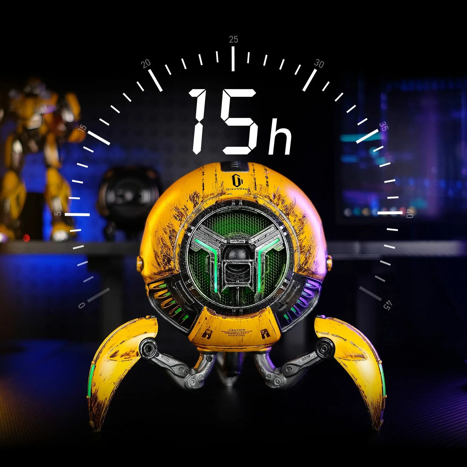 GravaStar Mars Pro Special Edition War-Damaged Yellow handcrafted Bluetooth speaker 15-hour battery life infographic featuring custom battle-worn finish, zinc alloy shell, 20-watt dual speaker system with passive bass radiator, DSP equal-loudness contour, and dynamic RGB lighting.