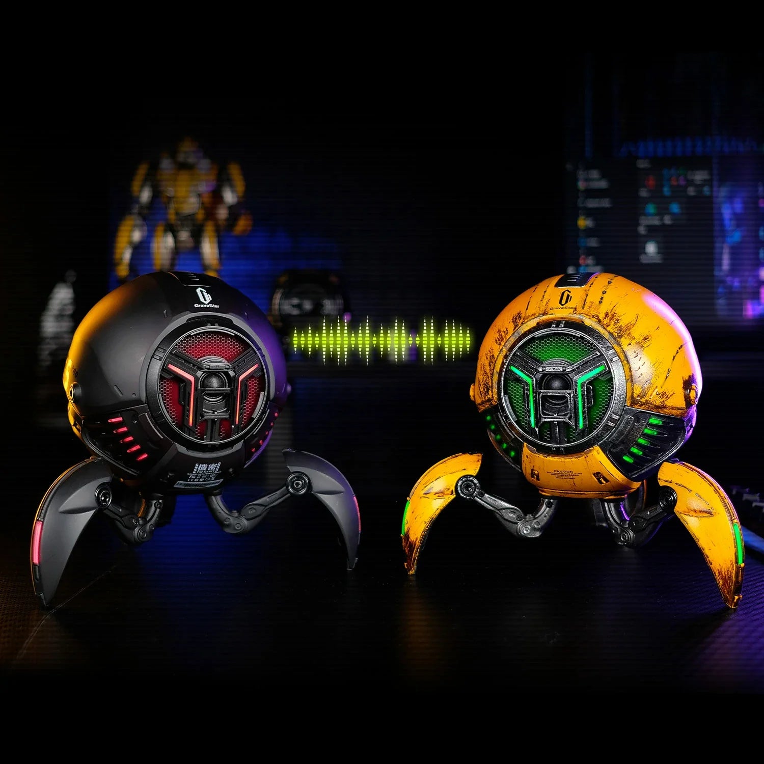 GravaStar Mars Pro Special Edition War-Damaged Yellow Bluetooth speaker paired with Mars Pro Black in True Wireless Stereo (TWS) mode, featuring Bluetooth 5.0 connection, custom battle-worn finish, zinc alloy shells, 20-watt dual speaker systems, passive bass radiators, and dynamic RGB lighting.