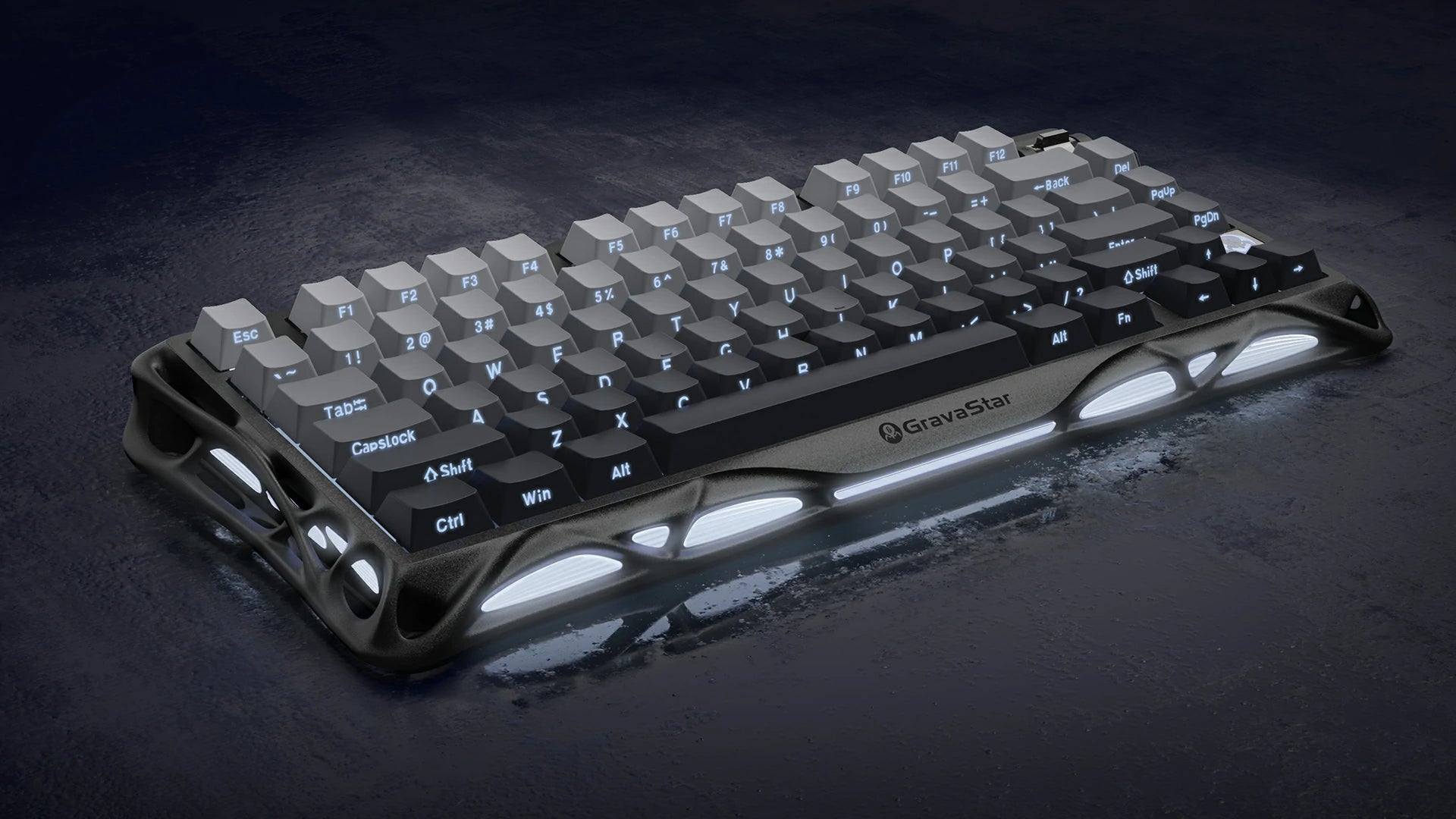 GravaStar Mercury K1 Gradient Black 75% wireless mechanical gaming keyboard featuring aluminum alloy gradient exoskeleton frame, GravaStar custom linear switches, Gasket mount structure, PBT keycaps, and dual RGB backlighting.