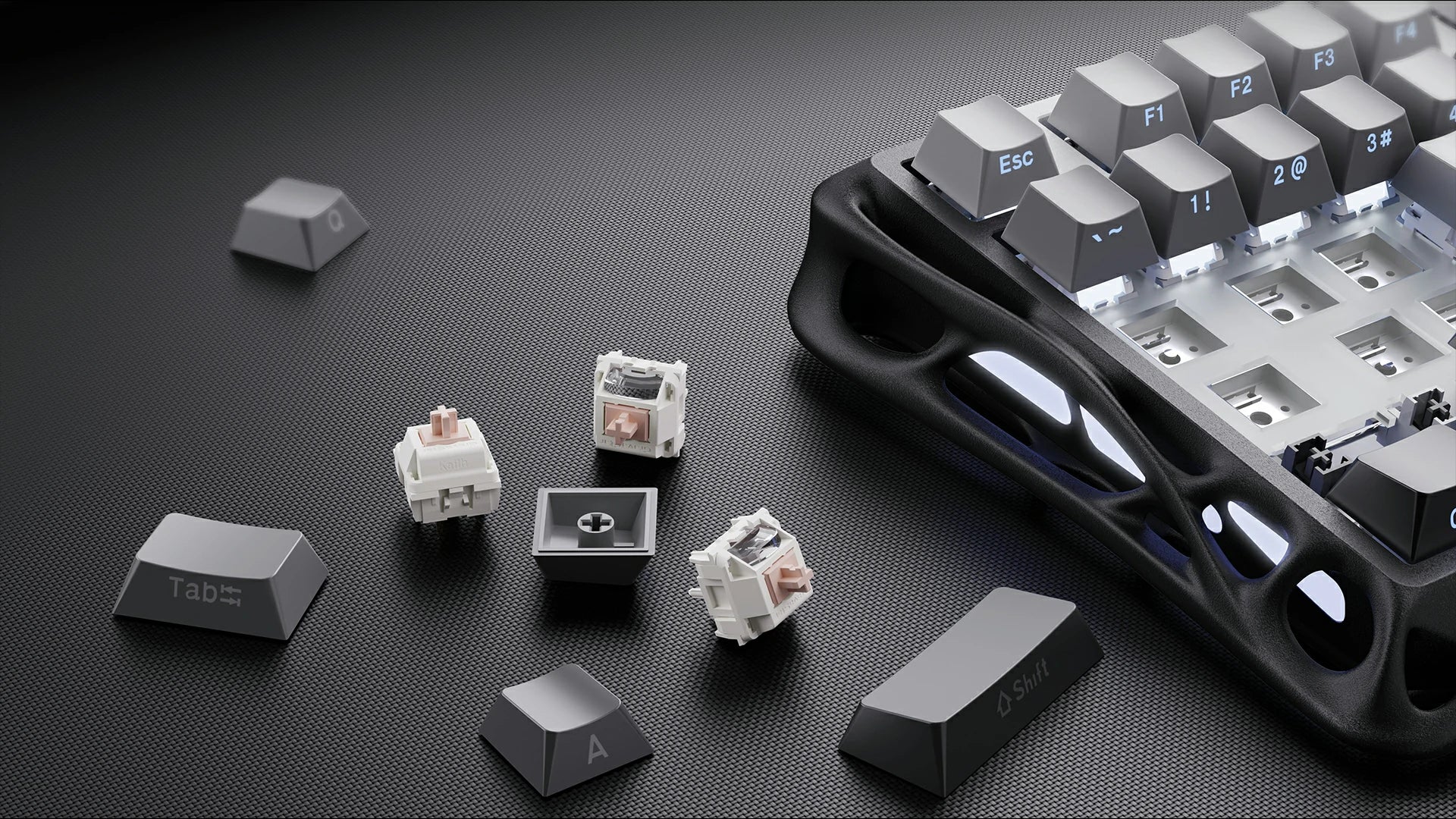 GravaStar Mercury K1 Gradient Black 75% wireless mechanical gaming keyboard close-up highlighting hot-swappable PCB supporting 3-pin and 5-pin switches, GravaStar custom Kailh linear switches, Gasket mount dampening layers, and PBT keycaps.