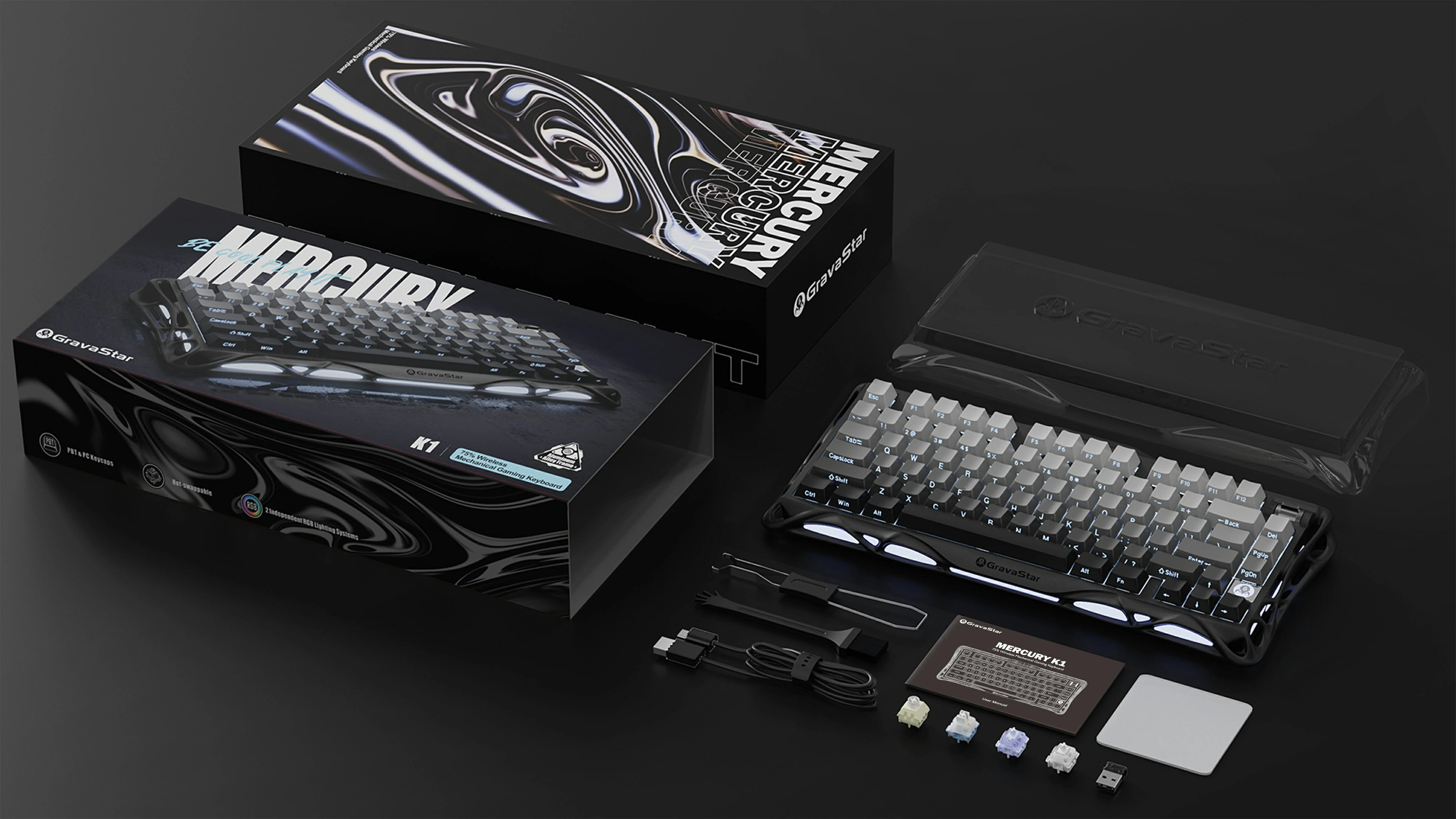 GravaStar Mercury K1 Gradient Black 75% wireless mechanical gaming keyboard in-the-box accessories diagram featuring packaging box, wrist rest, Type-C cable, 2.4GHz receiver, keycap puller, cleaning brush, extra switches, and user manual.