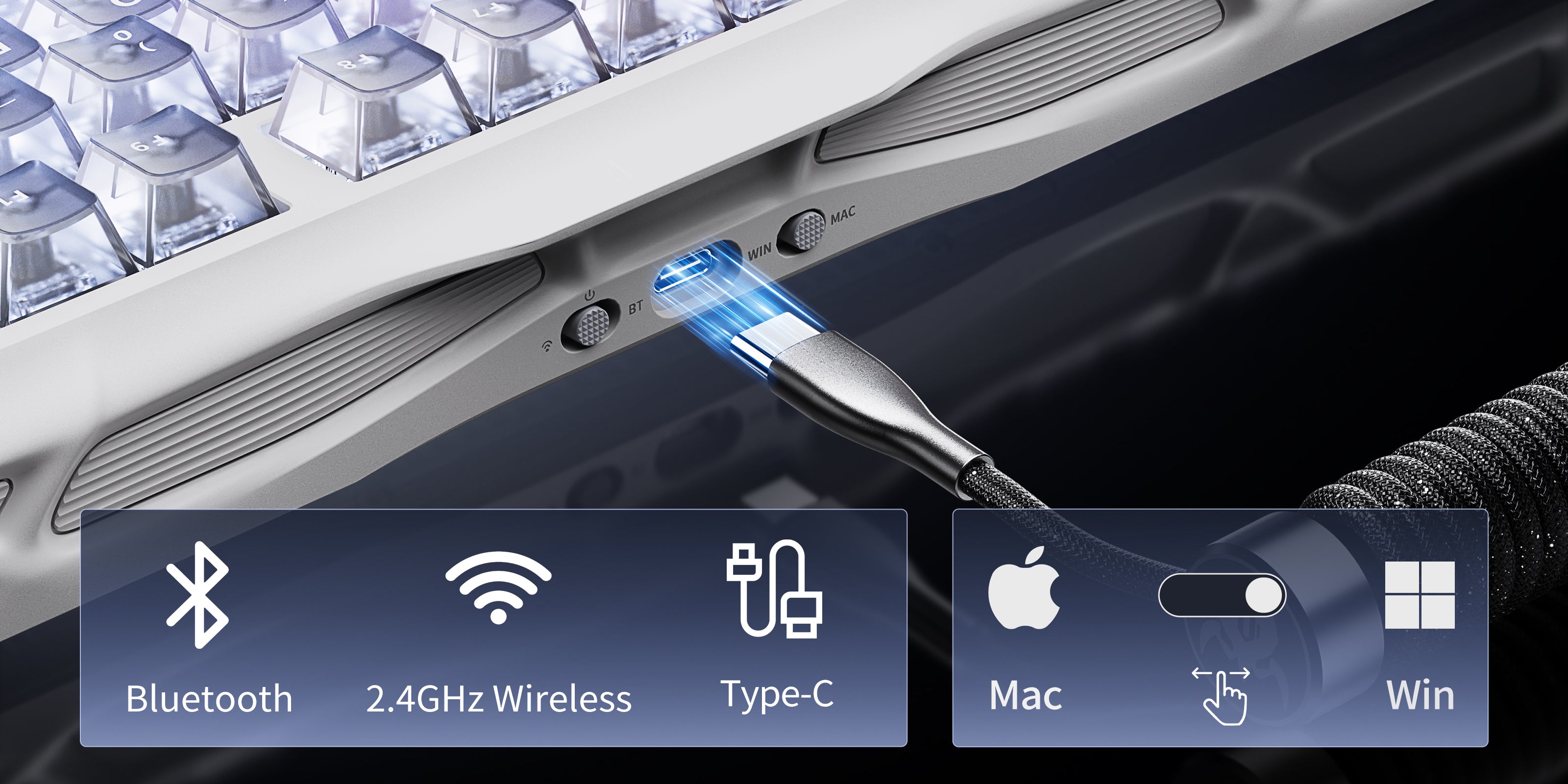 GravaStar Mercury K1 Lite Crystal Aurora 75% wireless mechanical gaming keyboard compatibility diagram showcasing Bluetooth, 2.4GHz wireless, Type-C wired connections, and Mac Windows OS toggle switch.