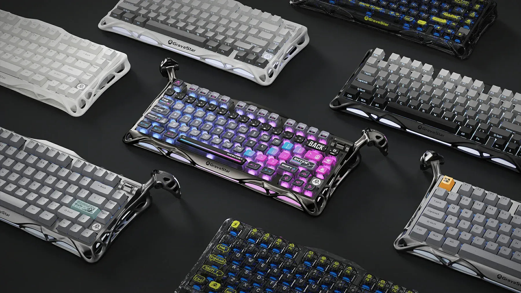 GravaStar Mercury K1 Lite Transparent Black 75% wireless mechanical gaming keyboard collection view displaying full lineup colorways including transparent black, crystal aurora, and cyber white variants.