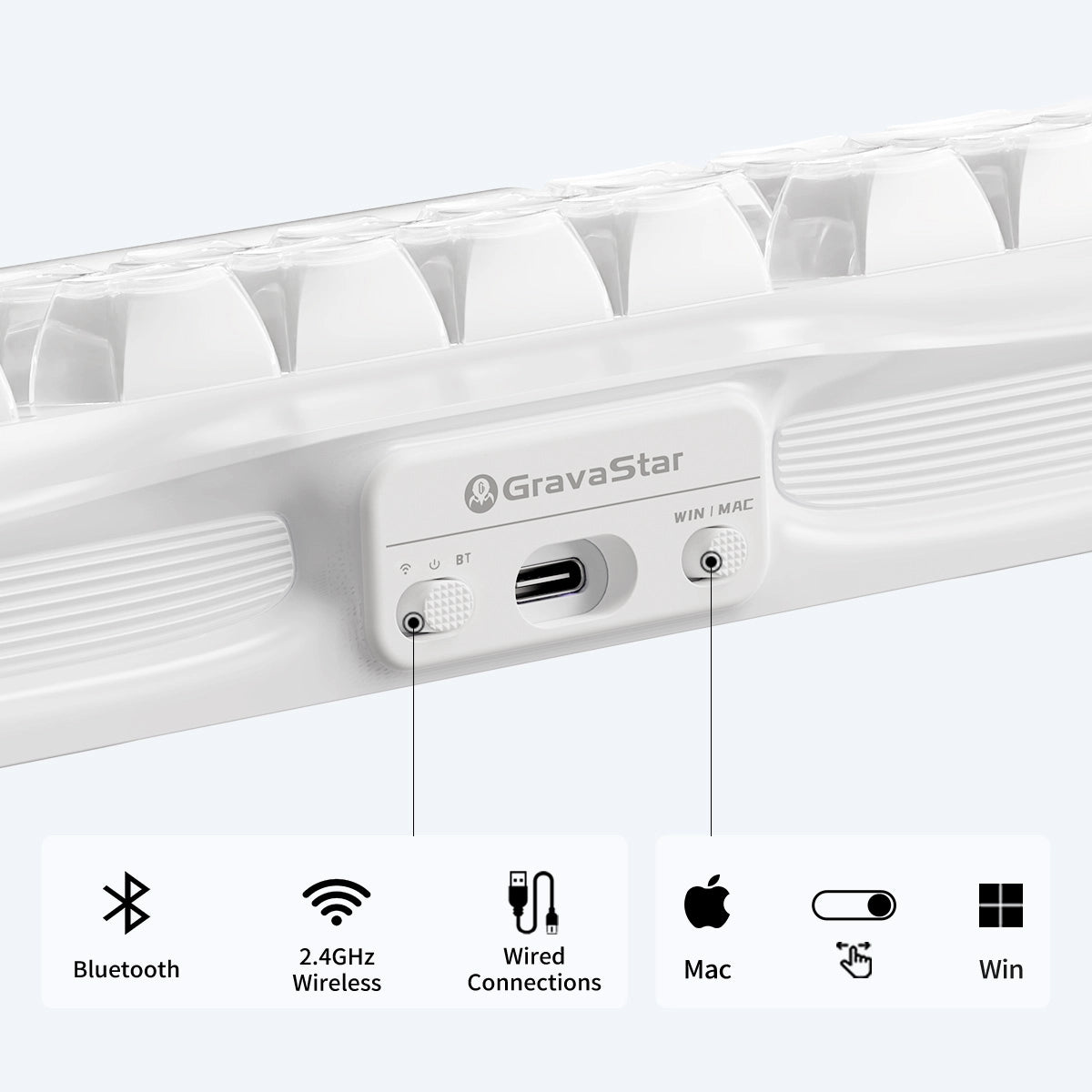 GravaStar Mercury K1 Opaline White 75% mechanical gaming keyboard connectivity diagram illustrating tri-mode switching for Bluetooth 5.0, 2.4GHz wireless, USB-C wired connection, and hardware toggle switch for Windows and macOS compatibility.