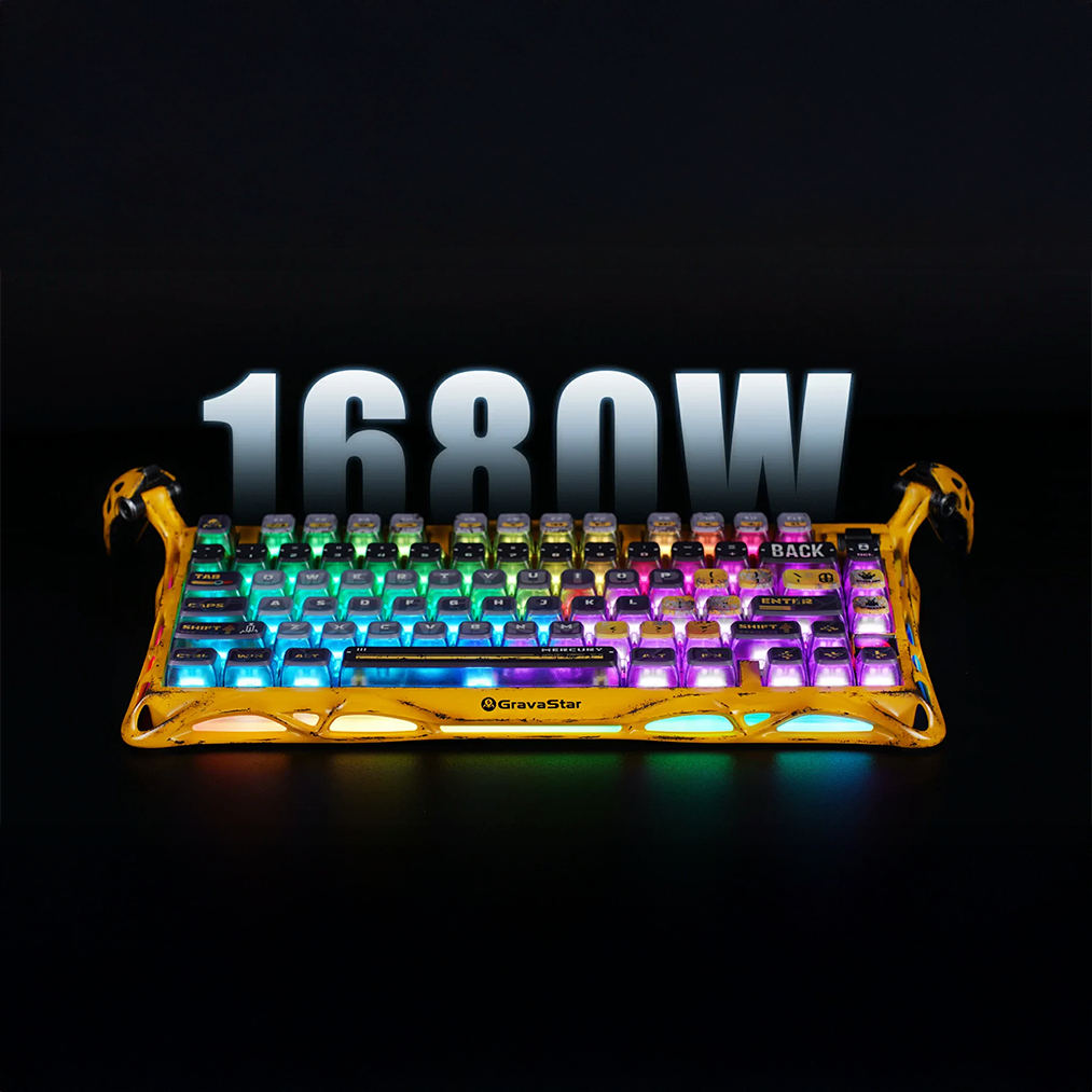GravaStar Mercury K1 Pro Special Edition Battle-Worn Yellow wireless mechanical keyboard showcasing dual independent 16.8 million color RGB lighting systems, south-facing LED PBT keycap illumination, customizable 13 lighting modes, gasket dampening design, and handcrafted weathered aluminum frame.