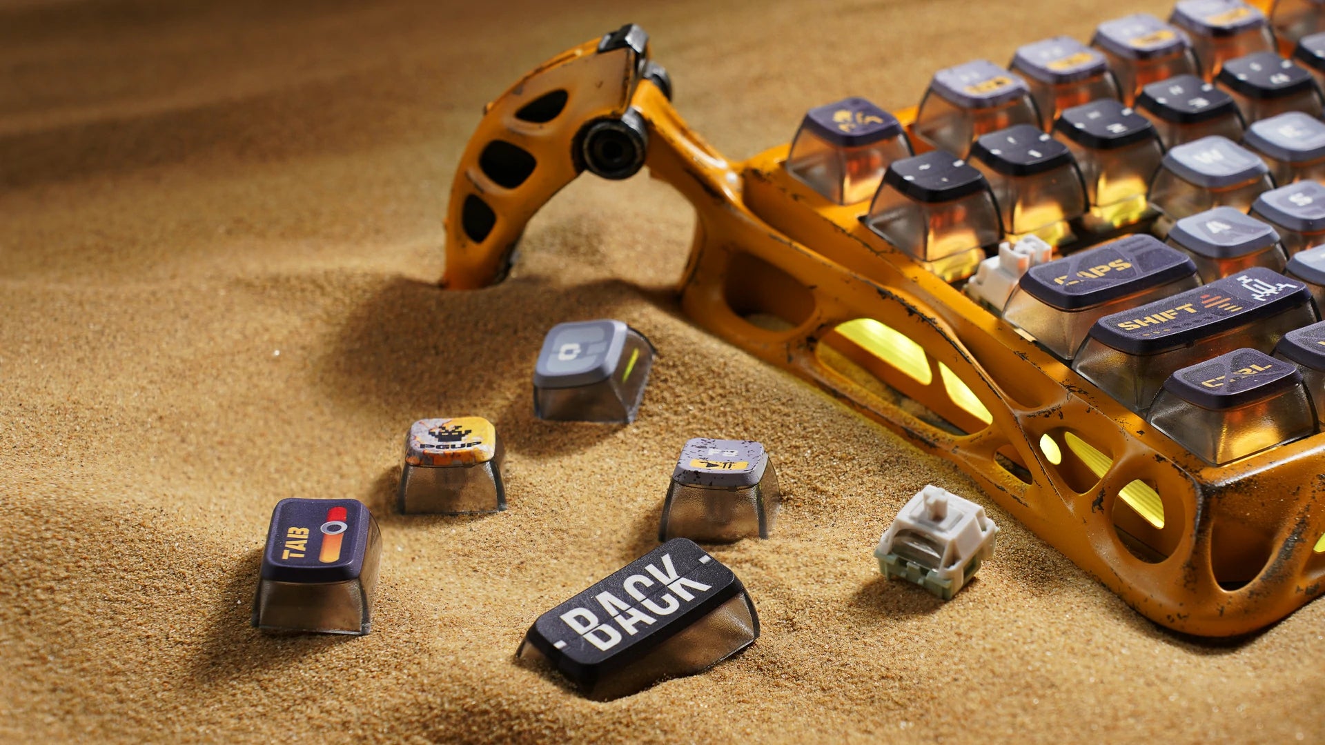 GravaStar Mercury K1 Pro Special Edition Battle-Worn Yellow 75% wireless mechanical gaming keyboard exploded diagram showcasing Gasket mount design with handcrafted weathered aluminum exoskeleton and 5-layer sound dampening foam.