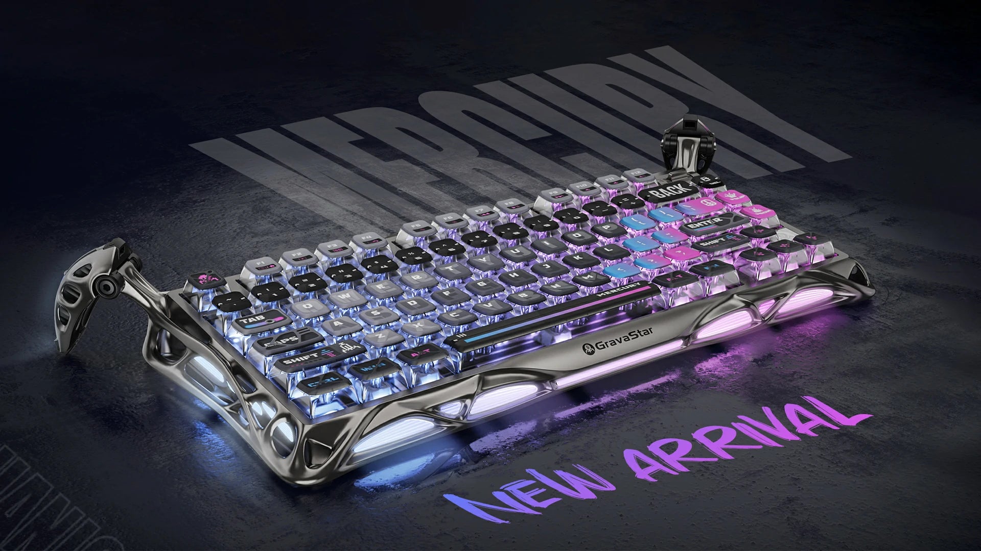 GravaStar Mercury K1 Pro Special Edition Cyberpunk 75% wireless mechanical gaming keyboard featuring quicksilver aluminum alloy skeletal frame, transparent cyber keycaps, and dual neon RGB lighting.