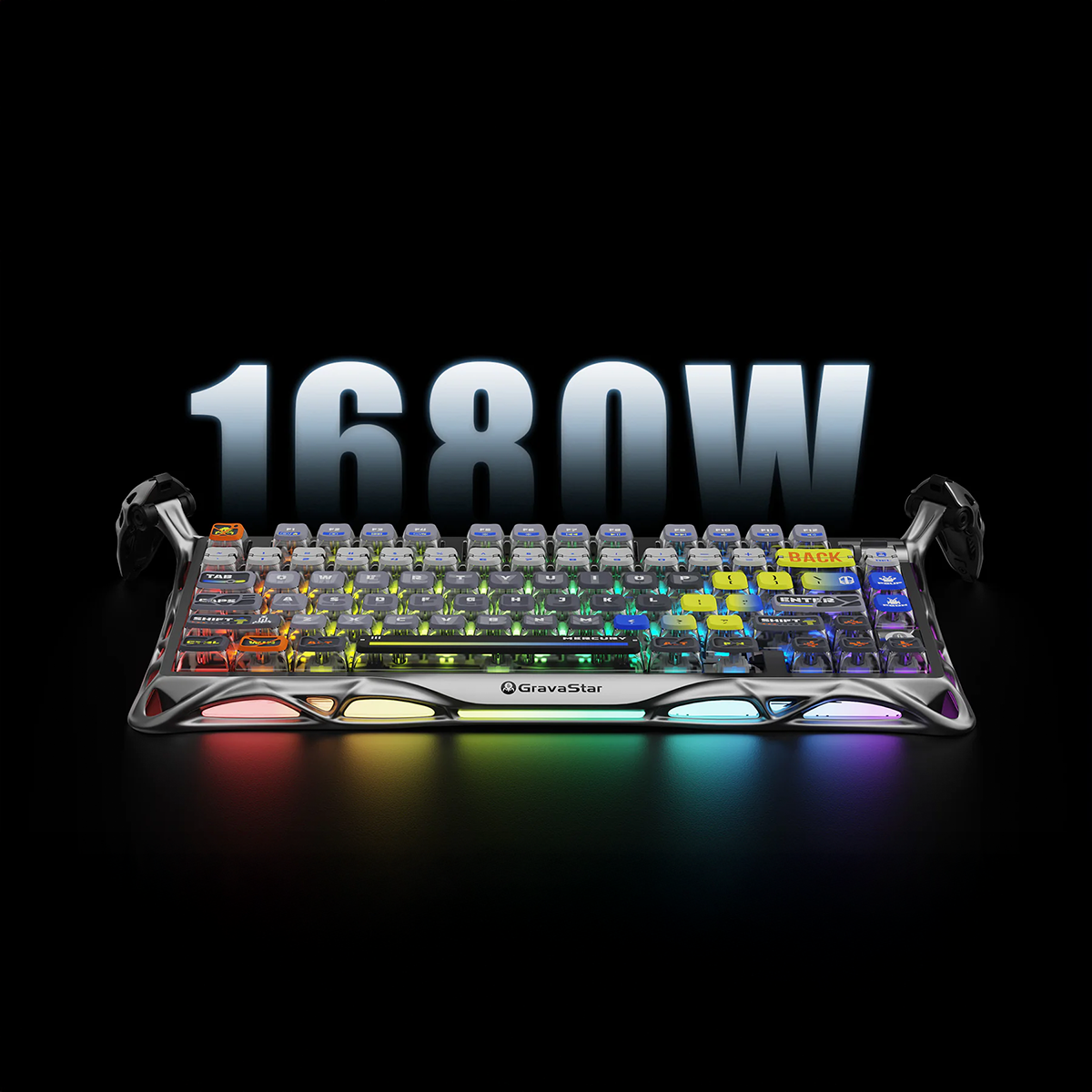 GravaStar Mercury K1 Pro Interstellar Silver Edition wireless mechanical keyboard showcasing dual independent 16.8 million color RGB lighting systems, south-facing LED PBT keycap illumination, customizable 13 lighting modes, gasket dampening design, and nano-textured aluminum alloy skeletal frame.