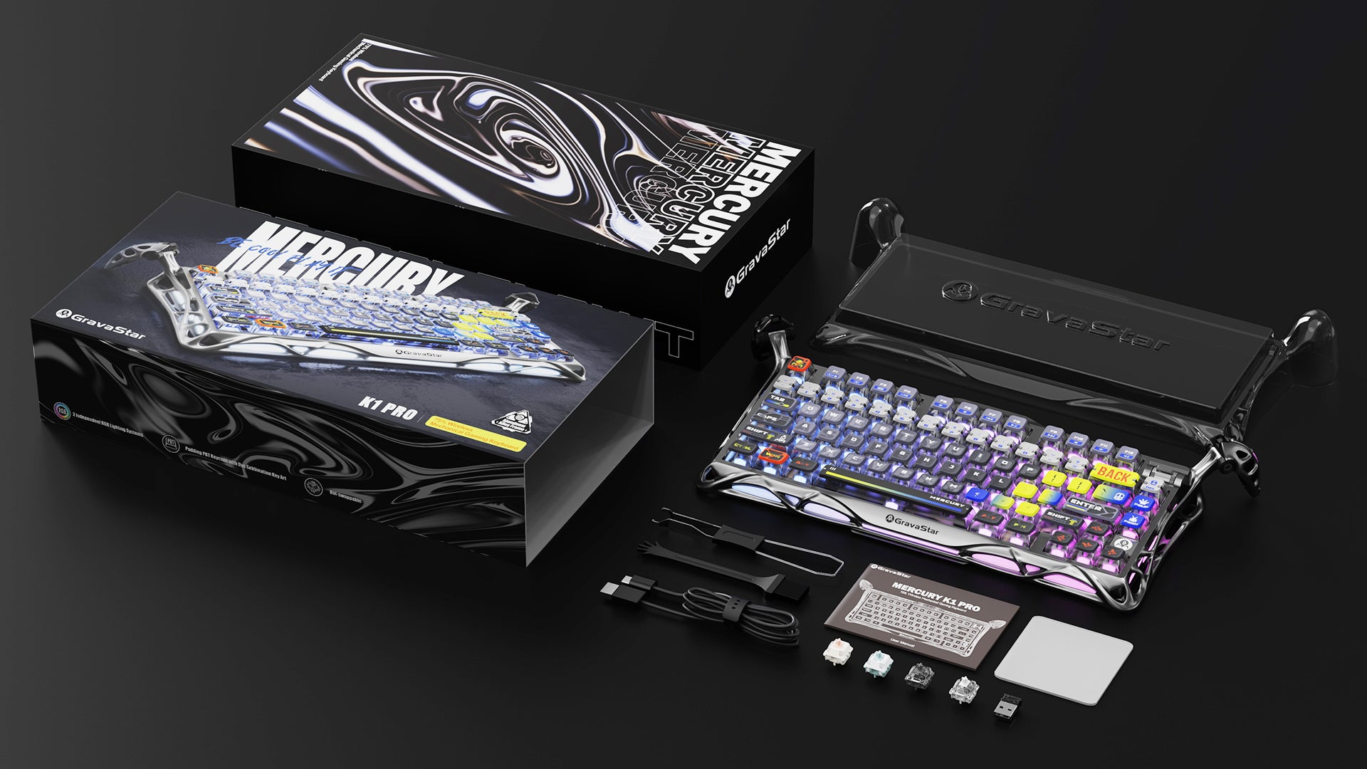 GravaStar Mercury K1 Pro Special Edition Interstellar Silver 75% wireless mechanical gaming keyboard packaging box and accessories view displaying Pudding PBT keycaps, dust cover, Type-C cable, 2.4GHz receiver, 2-in-1 puller, cleaning brush, extra switches, manual, and cleaning cloth.