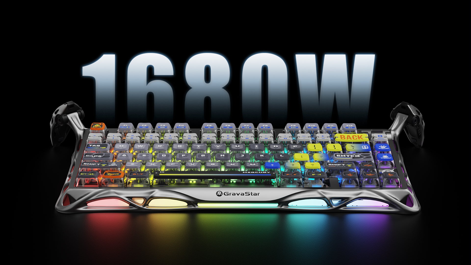 GravaStar Mercury K1 Pro Special Edition Interstellar Silver 75% wireless mechanical gaming keyboard front view highlighting 16.8M color dual independent RGB backlighting with Pudding PBT keycaps and nano-textured exoskeleton frame.