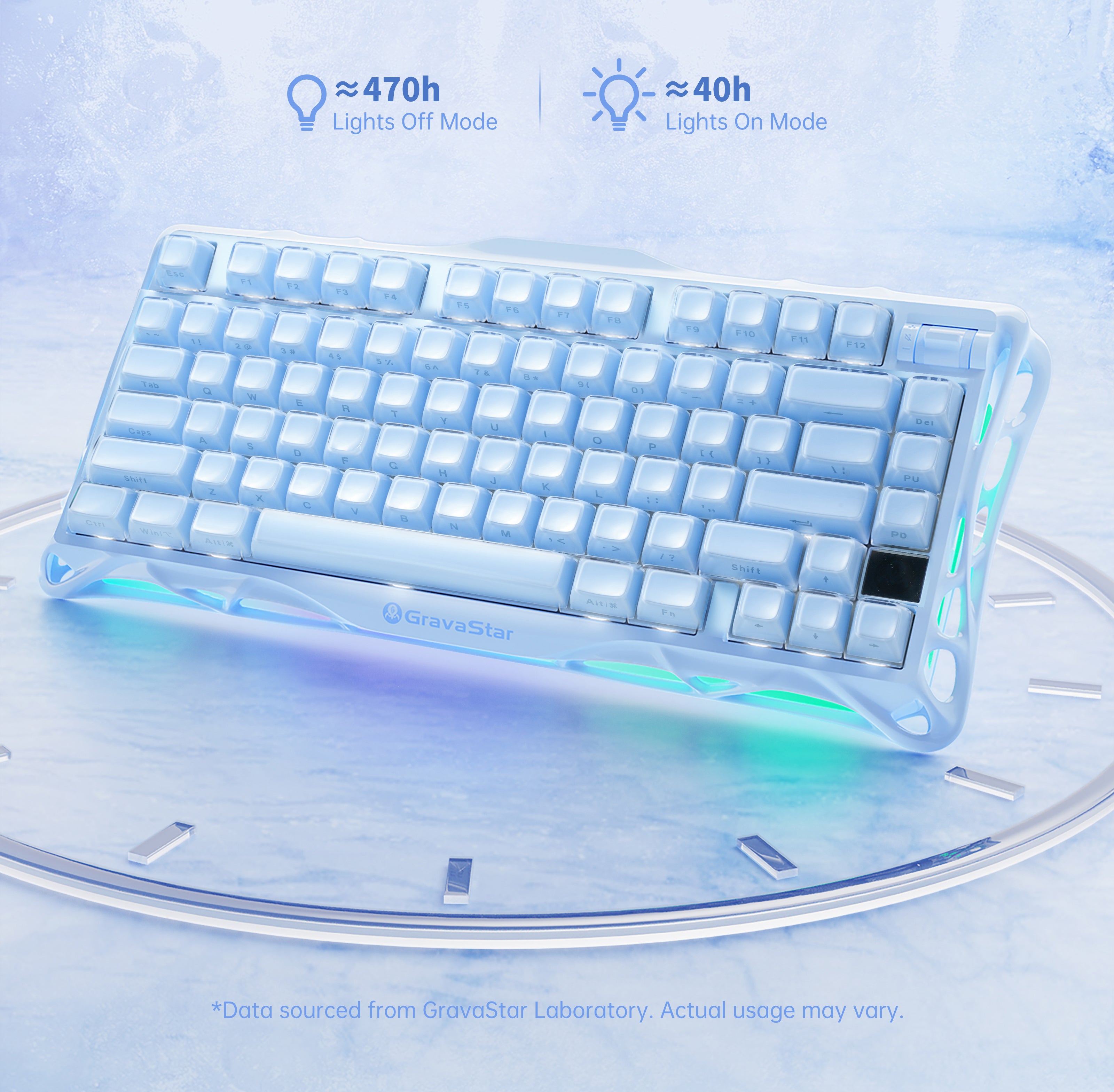 GravaStar Mercury K1 Special Edition Ice Blue 75% wireless mechanical gaming keyboard 8000mAh rechargeable battery feature showcase providing up to 470 hours battery life in lights off mode and 40 hours in lights on mode.