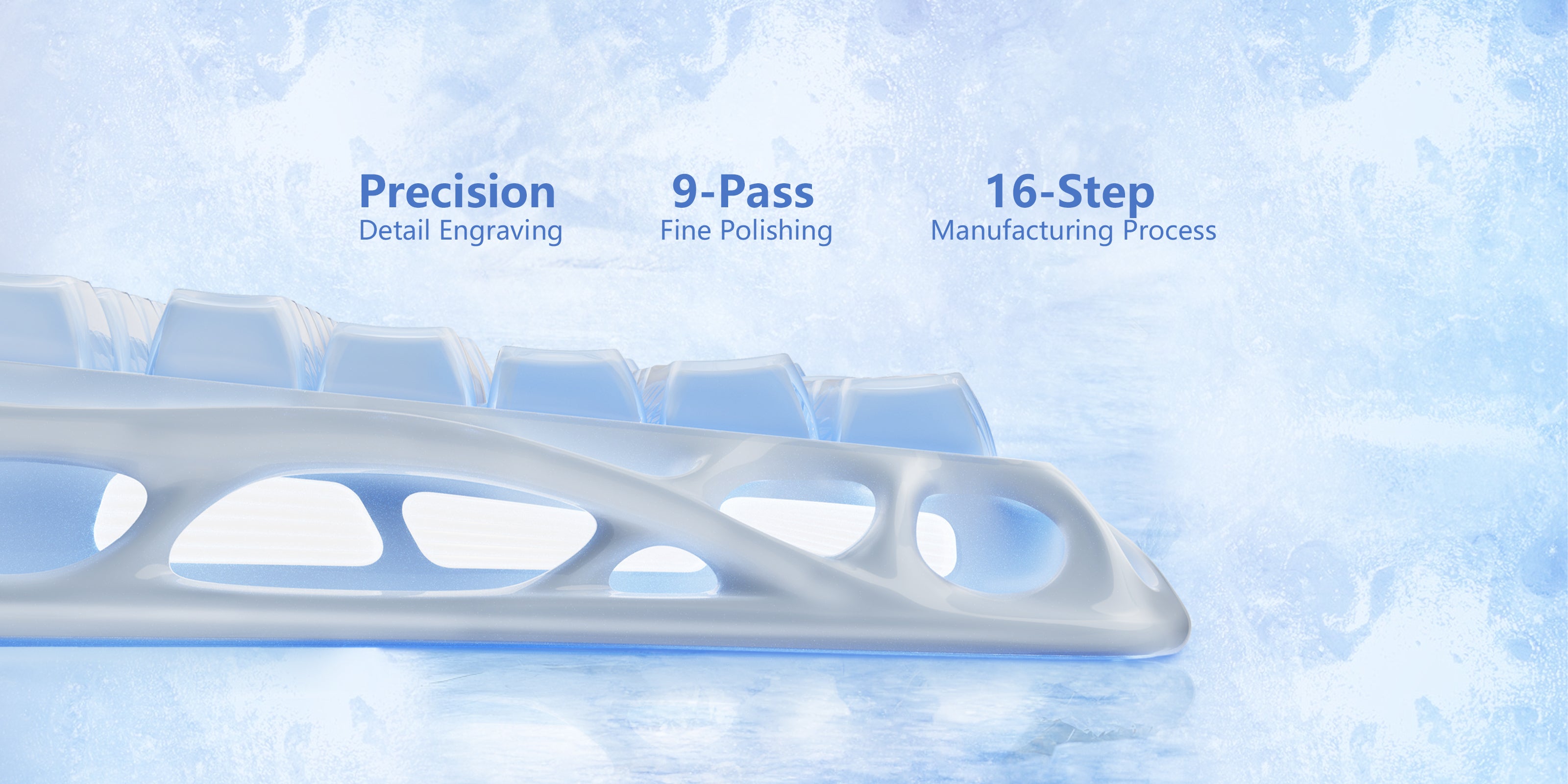 GravaStar Mercury K1 Special Edition Ice Blue 75% wireless mechanical gaming keyboard diagram highlighting precision detail engraving, 9-pass fine polishing, and 16-step manufacturing process of the matte ice blue aluminum alloy exoskeleton frame.