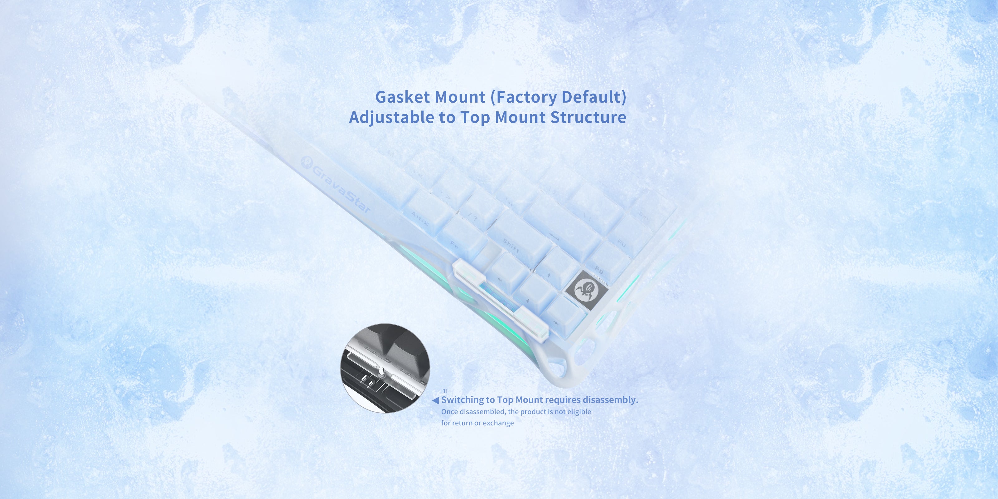 GravaStar Mercury K1 Special Edition Ice Blue 75% wireless mechanical gaming keyboard diagram showcasing dual mounting structure compatibility, featuring factory default Gasket mount and adjustable Top mount configuration within matte ice blue aluminum alloy frame.