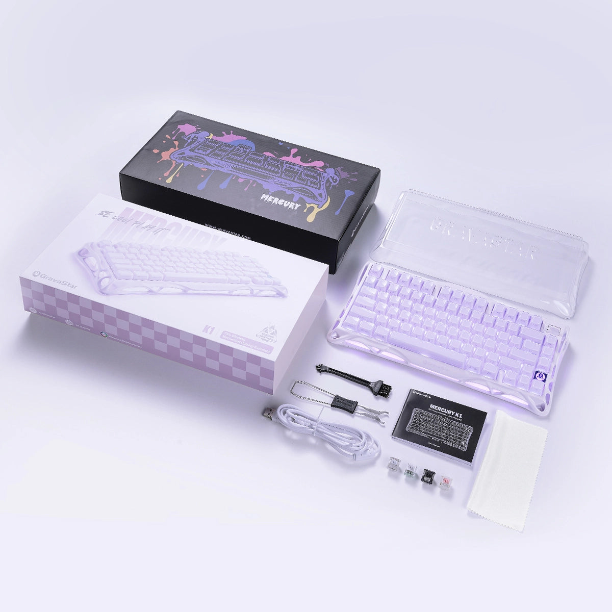 GravaStar Mercury K1 Special Edition Lavender Purple 75% mechanical gaming keyboard unboxing overview illustrating packaging box and full accessories set including clear dust cover, Type-C cable, 2.4GHz receiver, keycap puller, cleaning brush, microfiber cloth, and 4 custom sample switches.