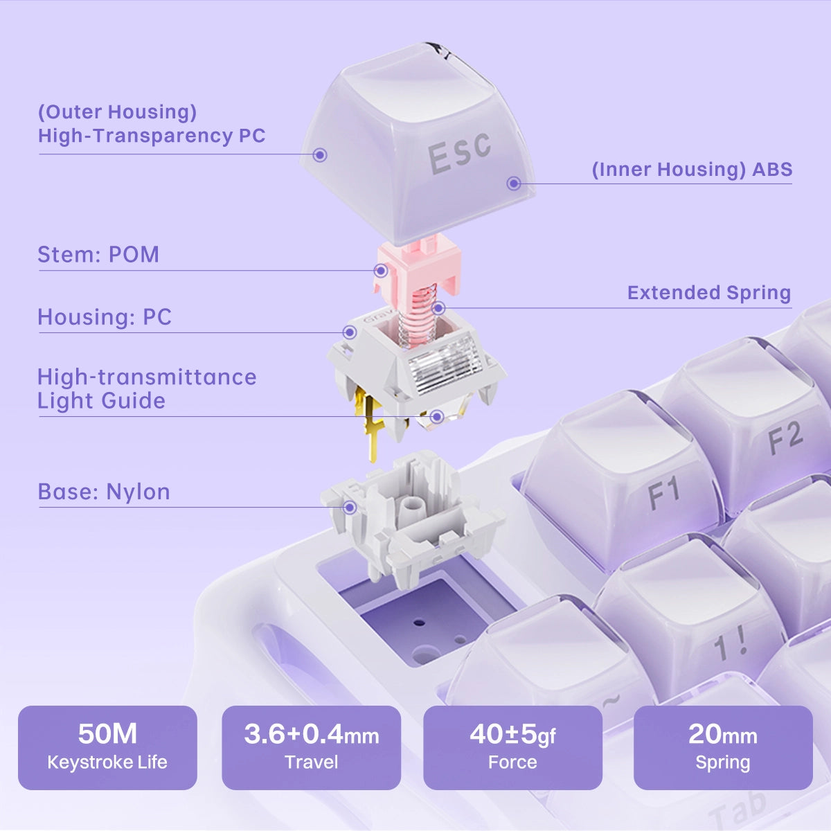 GravaStar Mercury K1 Special Edition Lavender Purple 75% mechanical gaming keyboard explosion diagram detailing custom linear switch architecture with POM stem, PC housing, nylon base, 20mm spring, 40gf force, 3.6mm travel, 50M click lifespan, and dual-layer PC ABS keycaps.