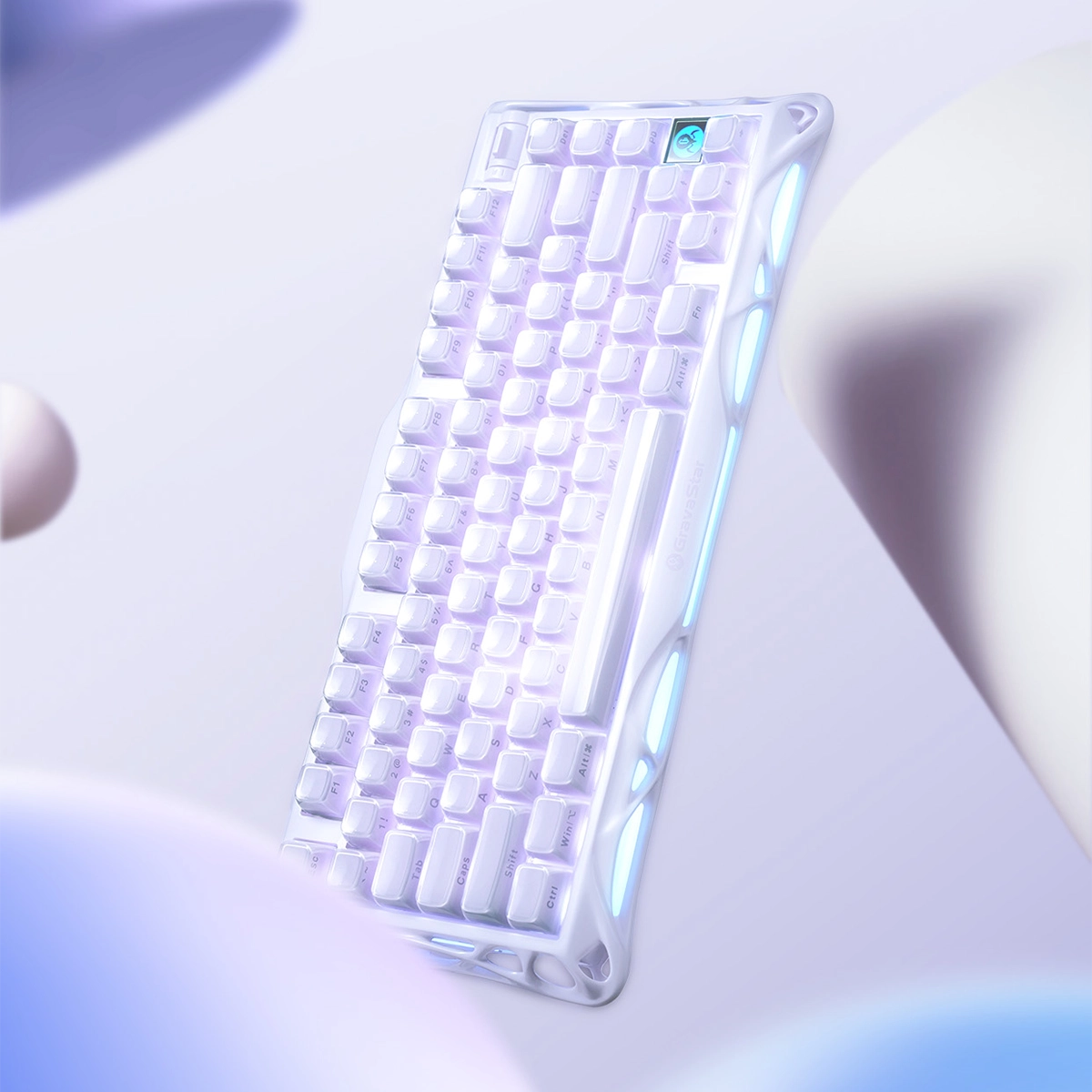 GravaStar Mercury K1 Special Edition Lavender Purple 75% mechanical gaming keyboard showing vertical aluminum alloy exoskeleton frame, custom PBT keycaps, tactile rotary knob, and dual ARGB ambient lighting.