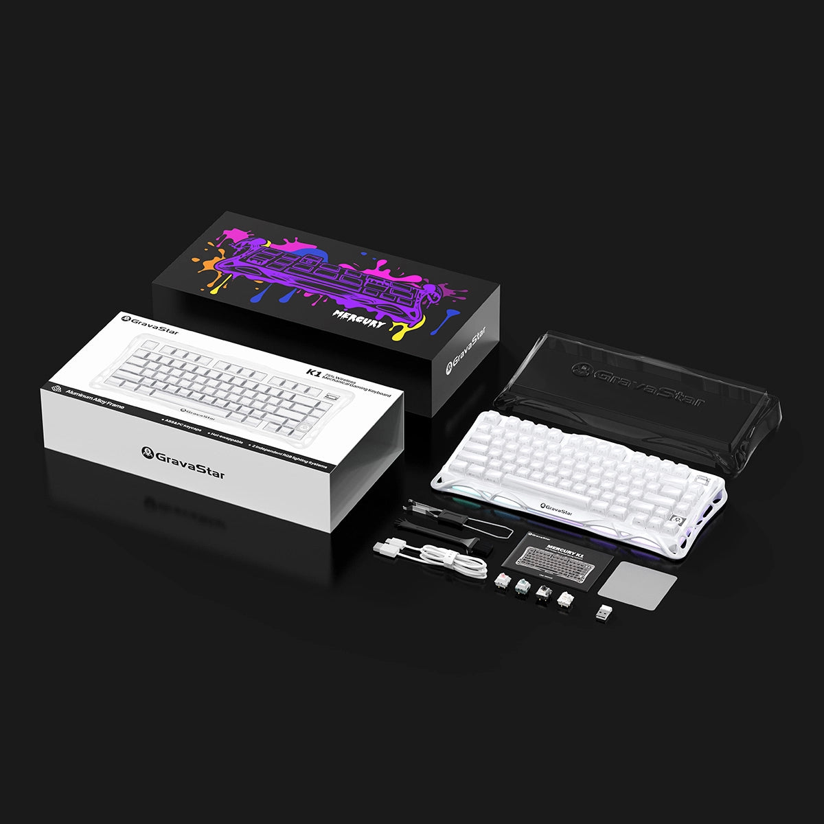 GravaStar Mercury K1 Special Edition Opaline White 75% wireless mechanical gaming keyboard unboxing overview showcasing outer packaging box, protective dust cover, USB-C cable, 2.4GHz receiver, keycap switch puller, cleaning brush, user manual, and extra sample switches.
