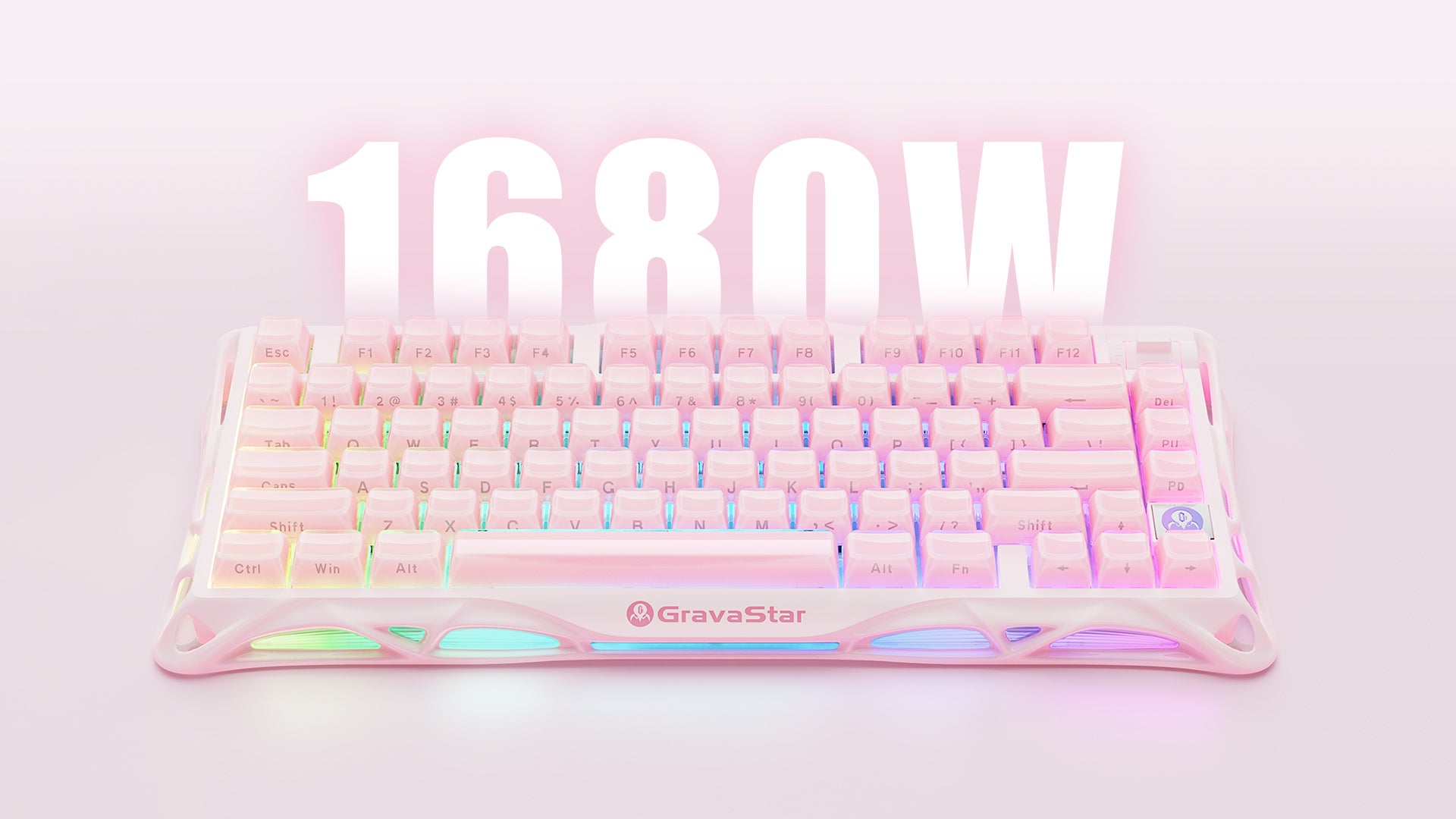 GravaStar Mercury K1 Special Edition Sakura Pink 75% wireless mechanical gaming keyboard showcasing 16.8 million color customizable RGB backlighting, sakura pink aluminum alloy exoskeleton frame, and dual-tone PBT keycaps.