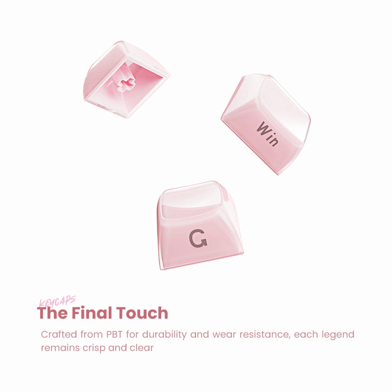 GravaStar Mercury K1 Special Edition Sakura Pink 75% wireless mechanical gaming keyboard durable PBT keycaps close-up showcasing wear-resistant textured surface, crisp legend printings, and cross-stem socket structure.