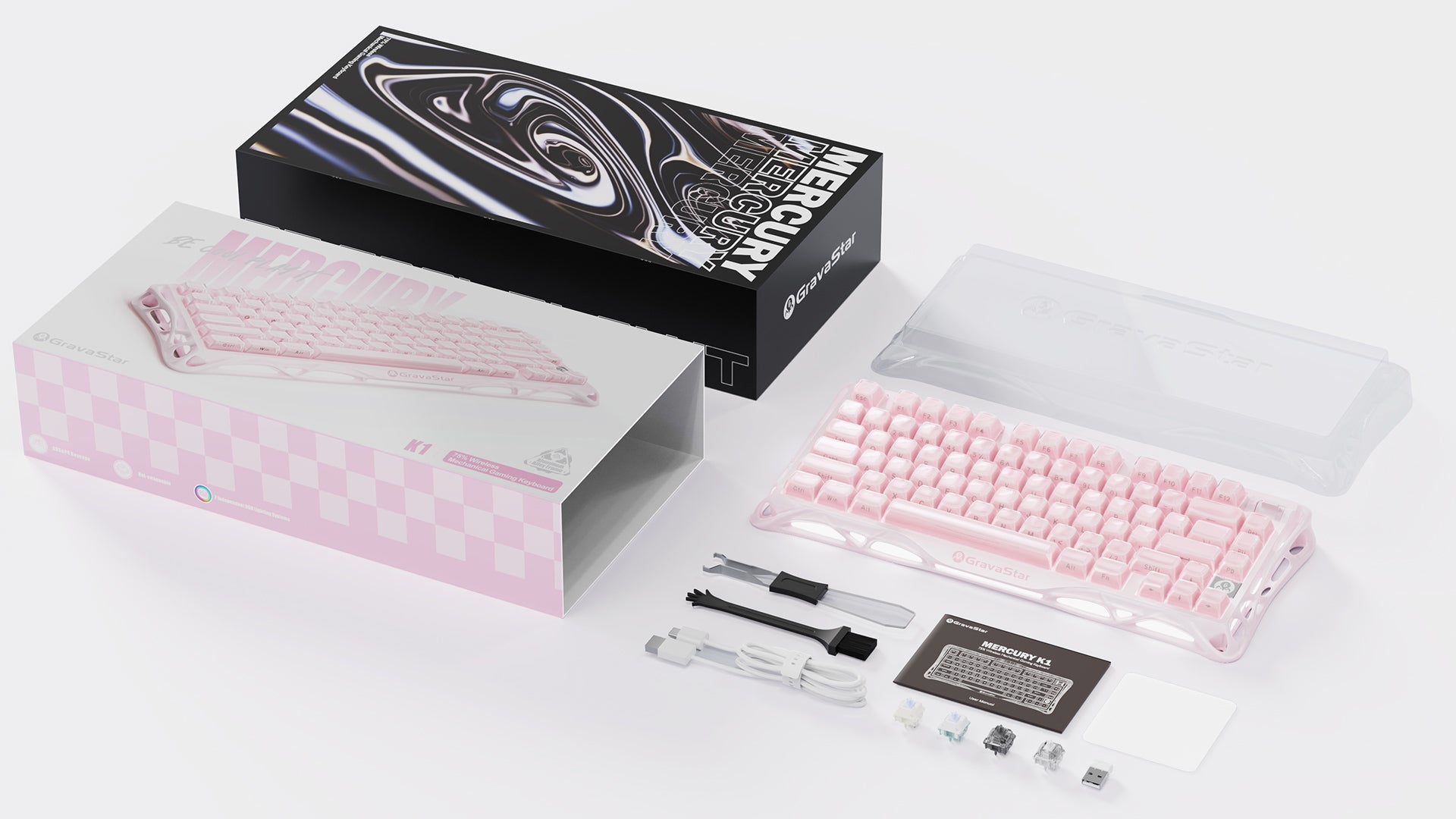 GravaStar Mercury K1 Special Edition Sakura Pink 75% wireless mechanical gaming keyboard unboxing overview showcasing outer packaging box, protective dust cover, USB-C cable, 2.4GHz receiver, keycap switch puller, cleaning brush, user manual, and extra sample switches.