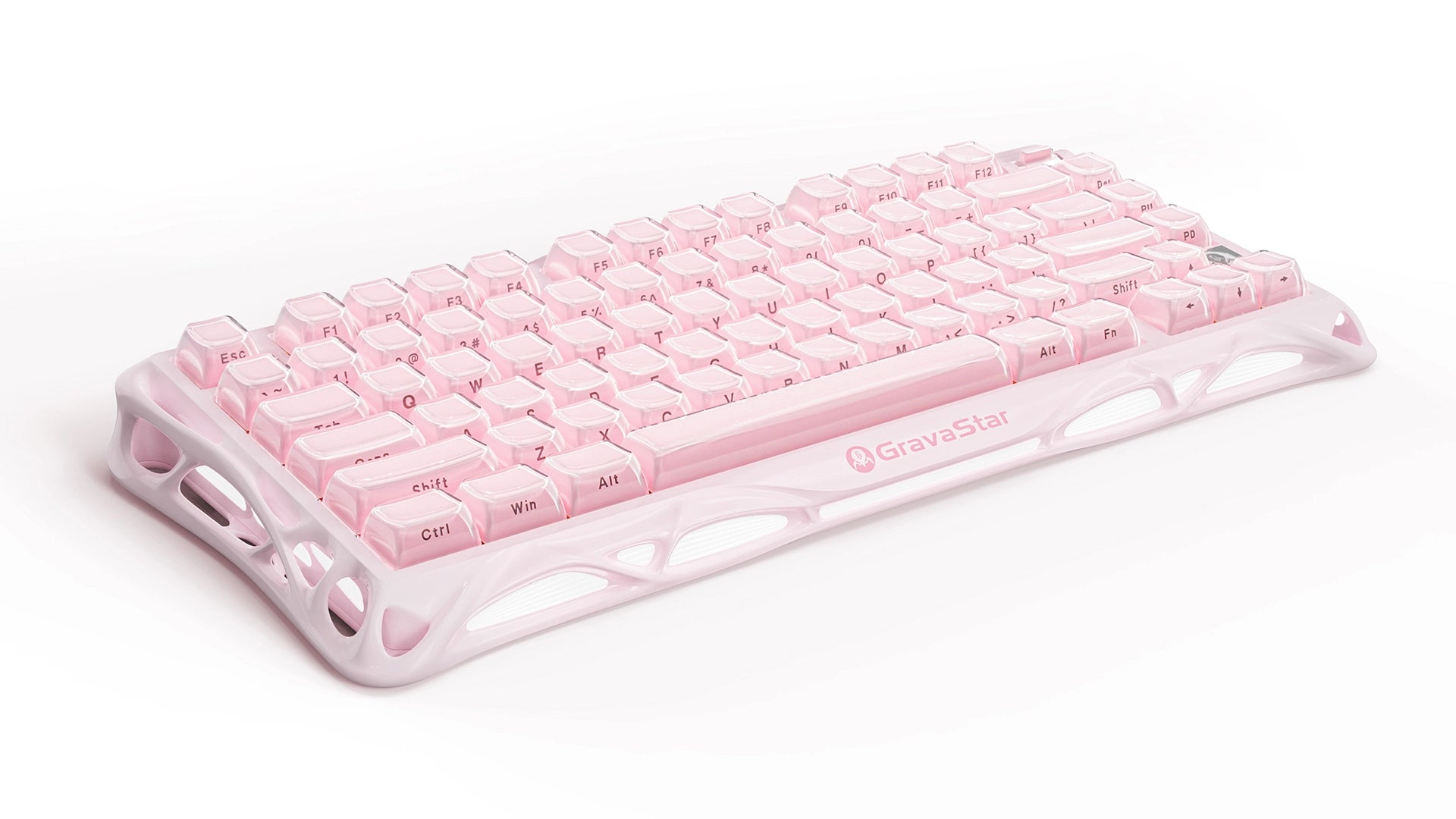 GravaStar Mercury K1 Special Edition Sakura Pink 75% wireless mechanical gaming keyboard featuring sakura pink aluminum alloy exoskeleton frame, custom 40gf linear switches, Gasket mount structure, dual-tone PBT keycaps, and soft RGB backlighting.