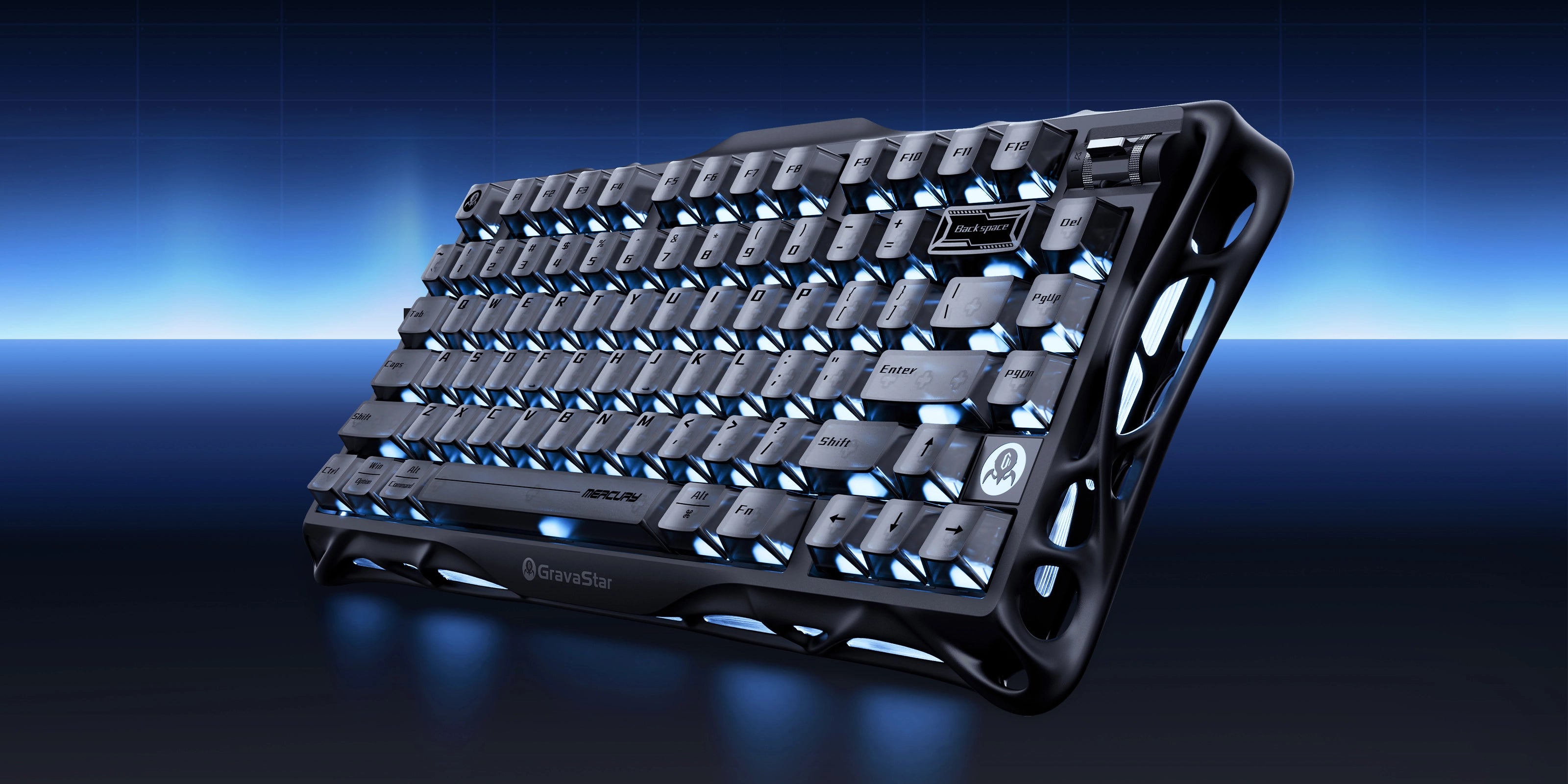 GravaStar Mercury K1 Stealth Black 75% wireless mechanical gaming keyboard showcasing matte black aluminum alloy exoskeleton frame, custom Stellar Bloom linear switches, translucent PBT keycaps, and dual-zone ice blue RGB backlighting.