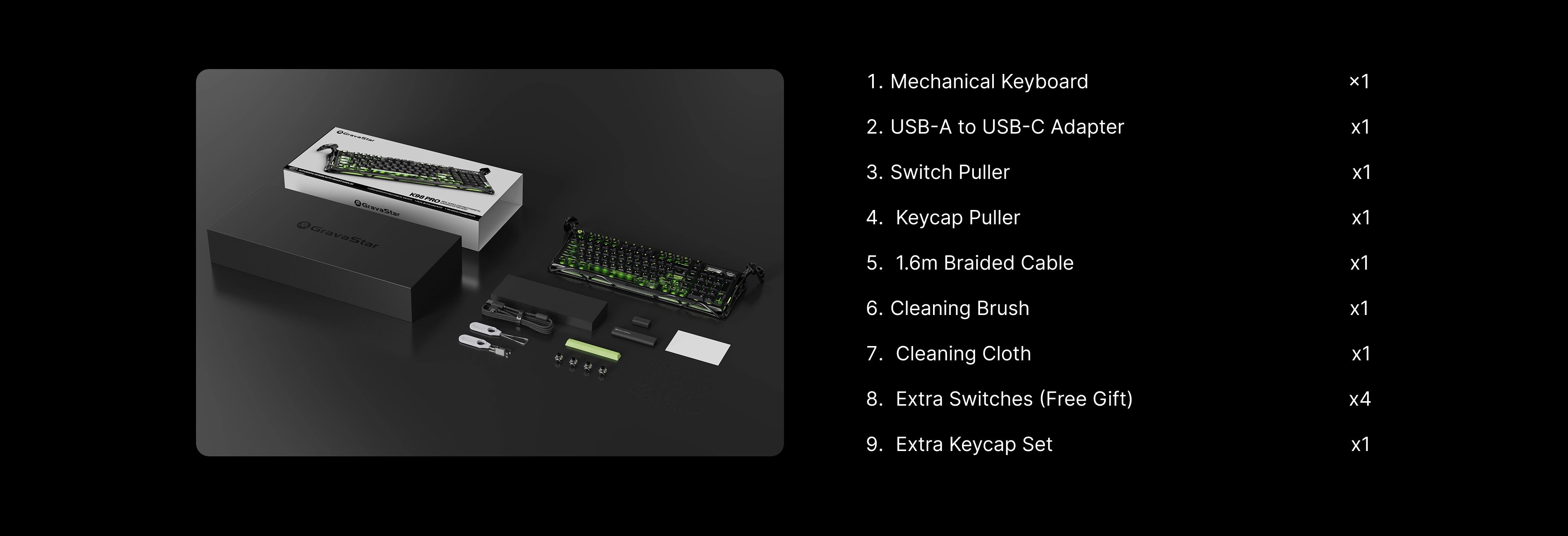 GravaStar Mercury K98 Pro Phantom Black 98% mechanical gaming keyboard unboxing overview illustrating packaging box alongside complete accessory set including USB-C braided cable, USB adapter, switch puller, keycap puller, cleaning brush, microfiber cloth, extra keycaps, and sample UFO switches.