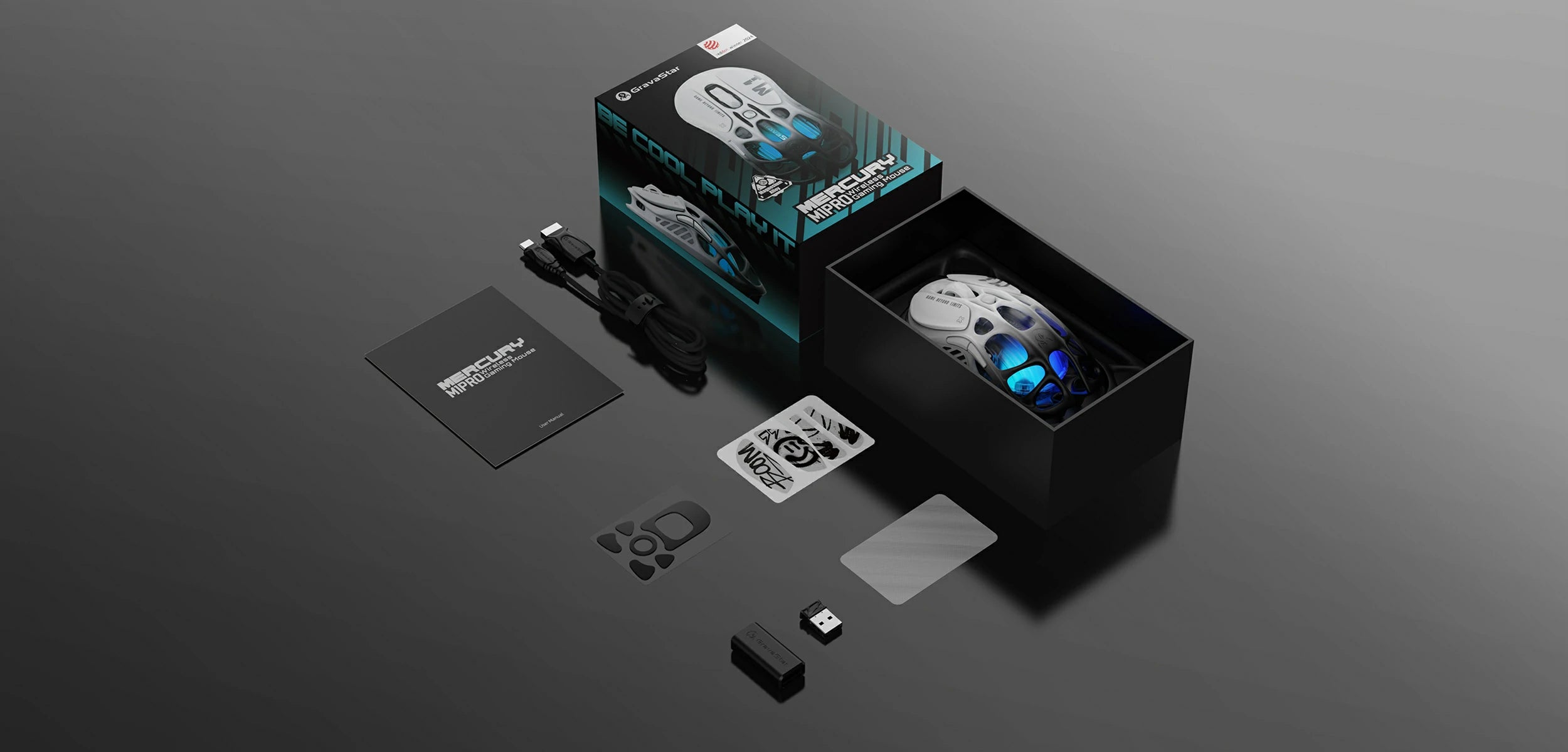 GravaStar Mercury M1 Pro Wireless Gaming Mouse Gradient Black in-the-box accessories diagram featuring wireless mouse, charging cable, non-slip pads, Teflon feet pads, 1K receiver, USB extender, cleaning cloth, and user manual.