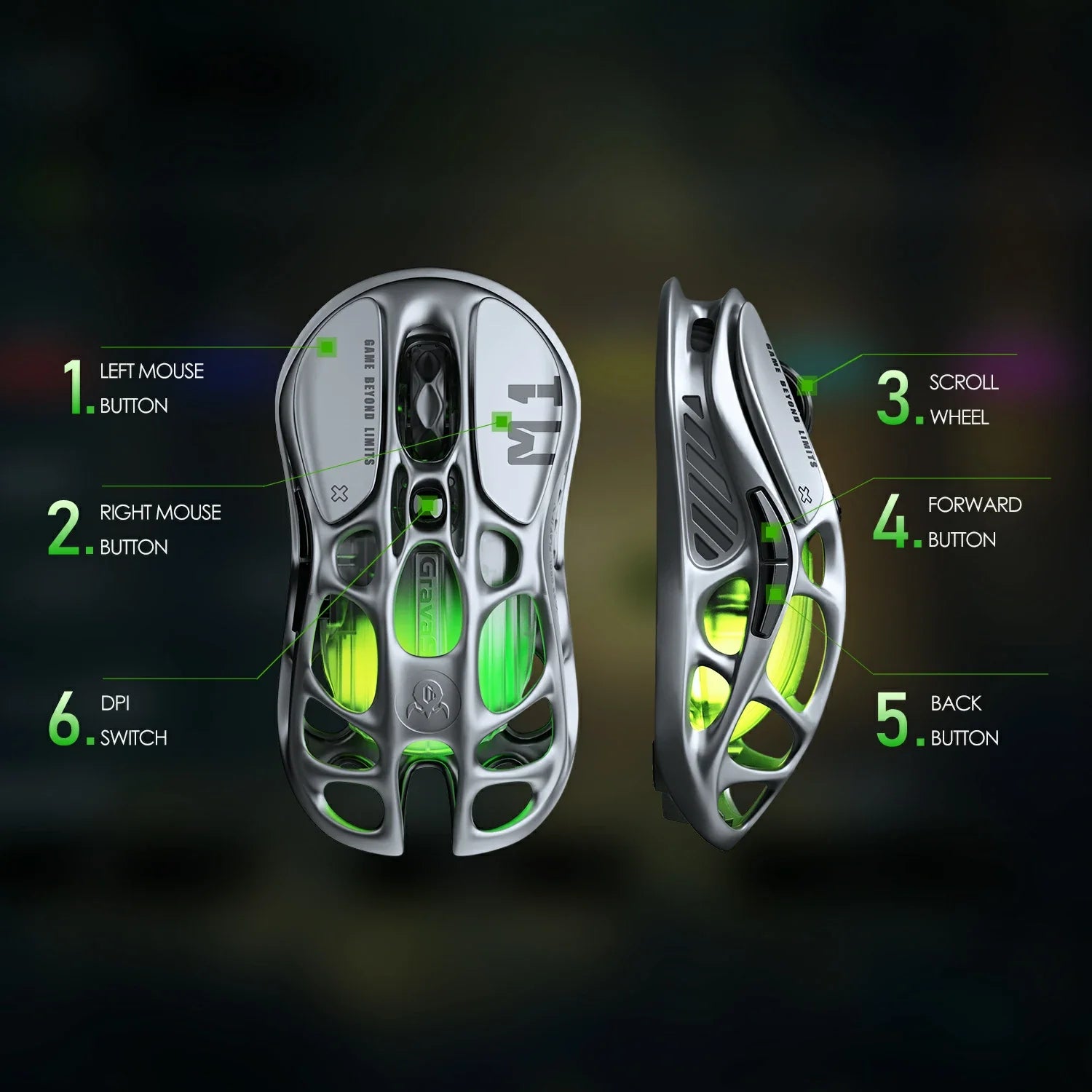 GravaStar Mercury M1 Pro Wireless Gaming Mouse Gunmetal Gray diagram detailing 6 programmable buttons including left button, right button, scroll wheel, forward button, back button, and DPI switch.