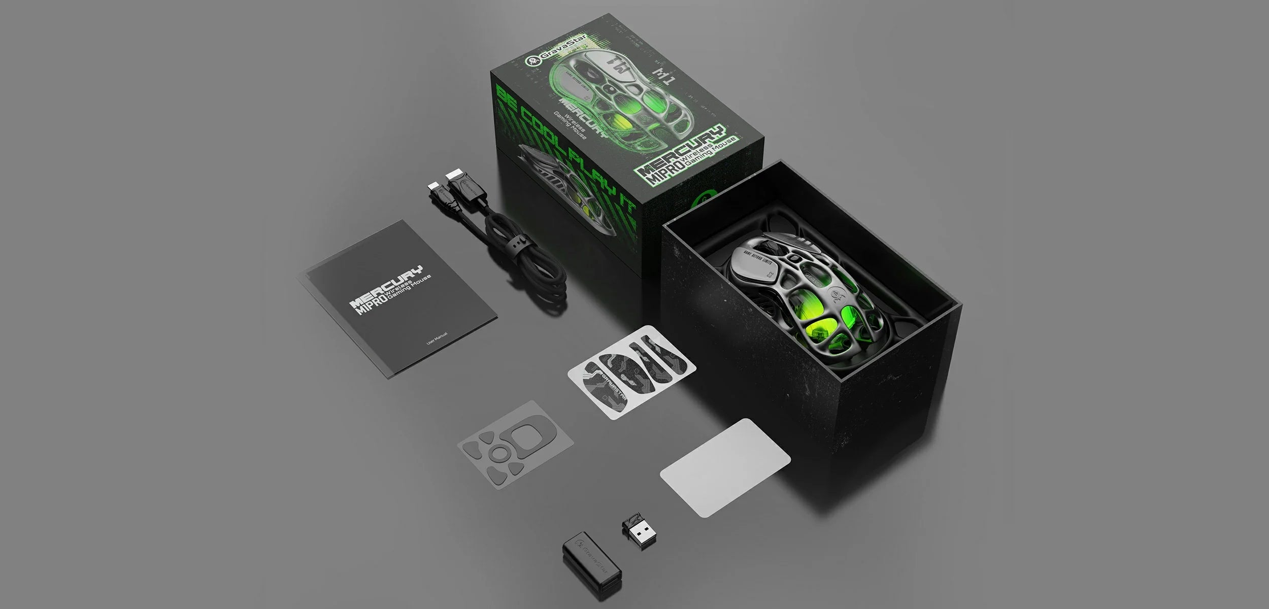 GravaStar Mercury M1 Pro Wireless Gaming Mouse Gunmetal Gray in-the-box accessories diagram featuring wireless mouse, charging cable, non-slip pads, Teflon feet pads, 1K receiver, USB extender, cleaning cloth, and user manual.