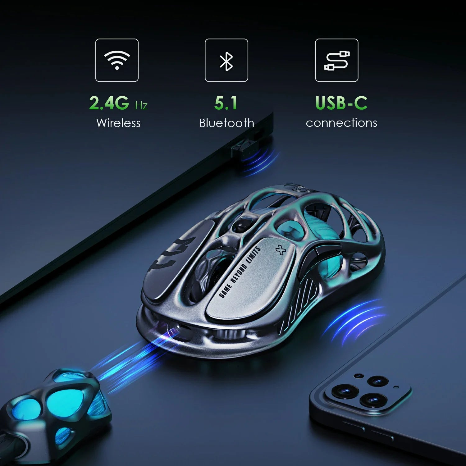 GravaStar Mercury M1 Pro Wireless Gaming Mouse Gunmetal Gray diagram detailing tri-mode connectivity options including 2.4GHz wireless, Bluetooth 5.1, and USB-C wired connection with green RGB backlighting.