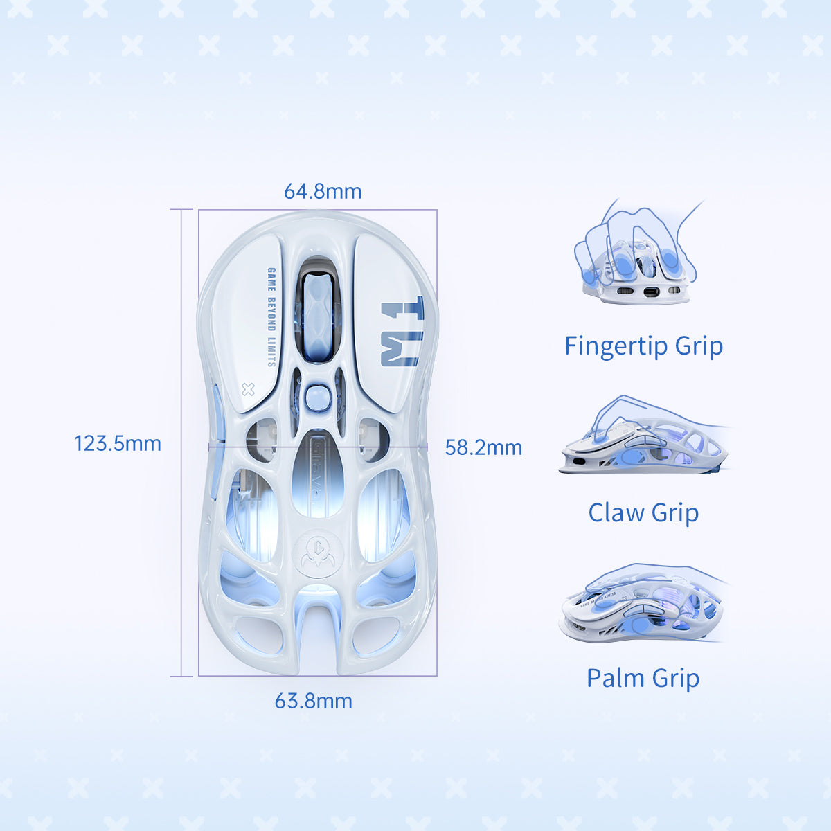 GravaStar Mercury M1 Pro Ice Blue wireless gaming mouse dimensions diagram detailing 123.5mm length, 58.2mm grip width, 88g magnesium alloy skeletal frame, and ergonomic support for fingertip grip, claw grip, and palm grip styles.