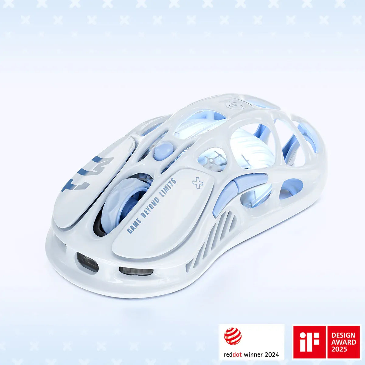 GravaStar Mercury M1 Pro Special Edition Ice Blue wireless gaming mouse front-left perspective view featuring magnesium alloy skeletal frame, PAW3395 26K DPI sensor, GAME BEYOND LIMITS text, ice blue RGB lighting, and 2024 Red Dot & 2025 iF Design Award badges.