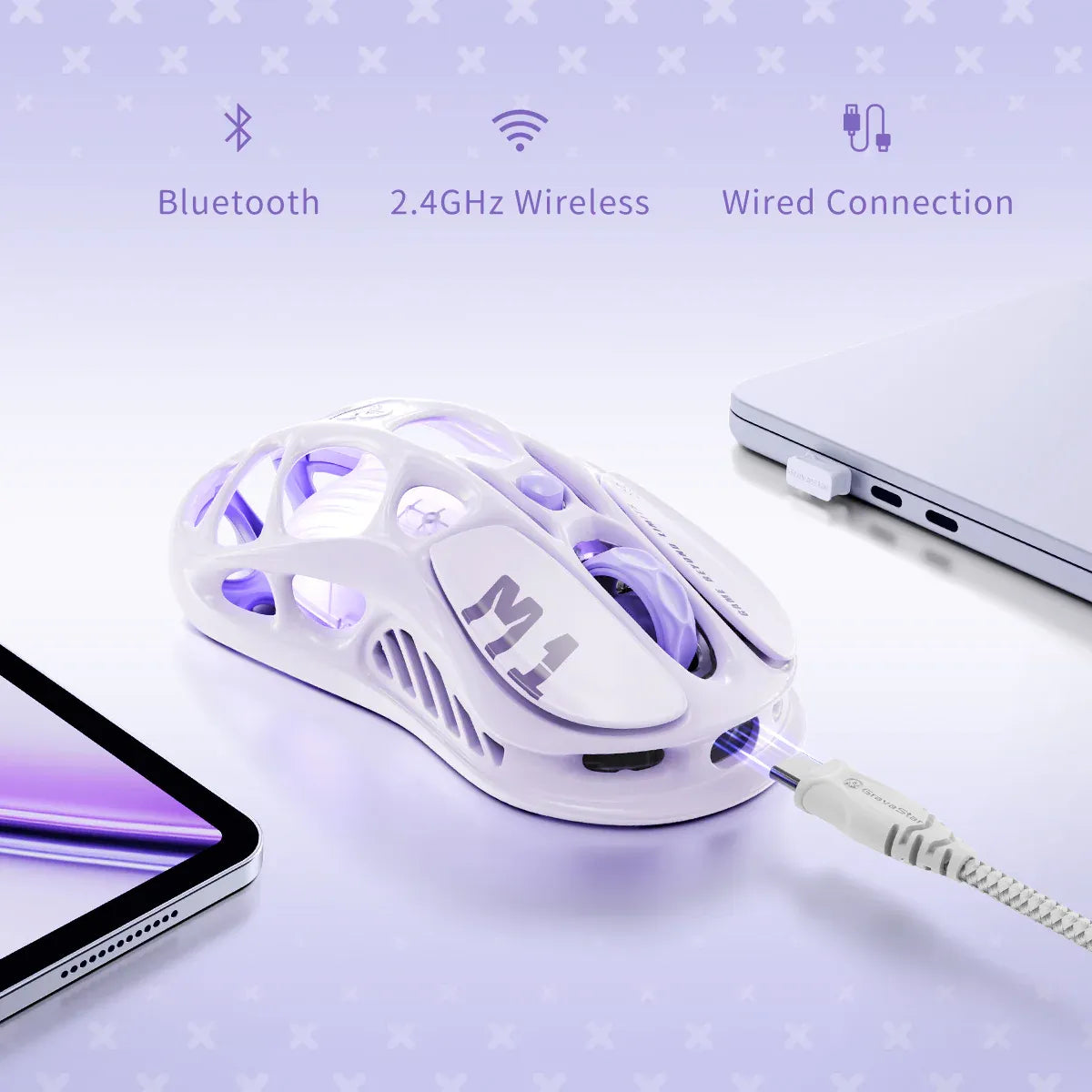 GravaStar Mercury M1 Pro Special Edition Lavender Purple wireless gaming mouse diagram detailing tri-mode connectivity including Bluetooth 5.1, 2.4GHz wireless, and Type-C wired connection, powered by PAW3395 26K DPI optical sensor and purple RGB lighting.